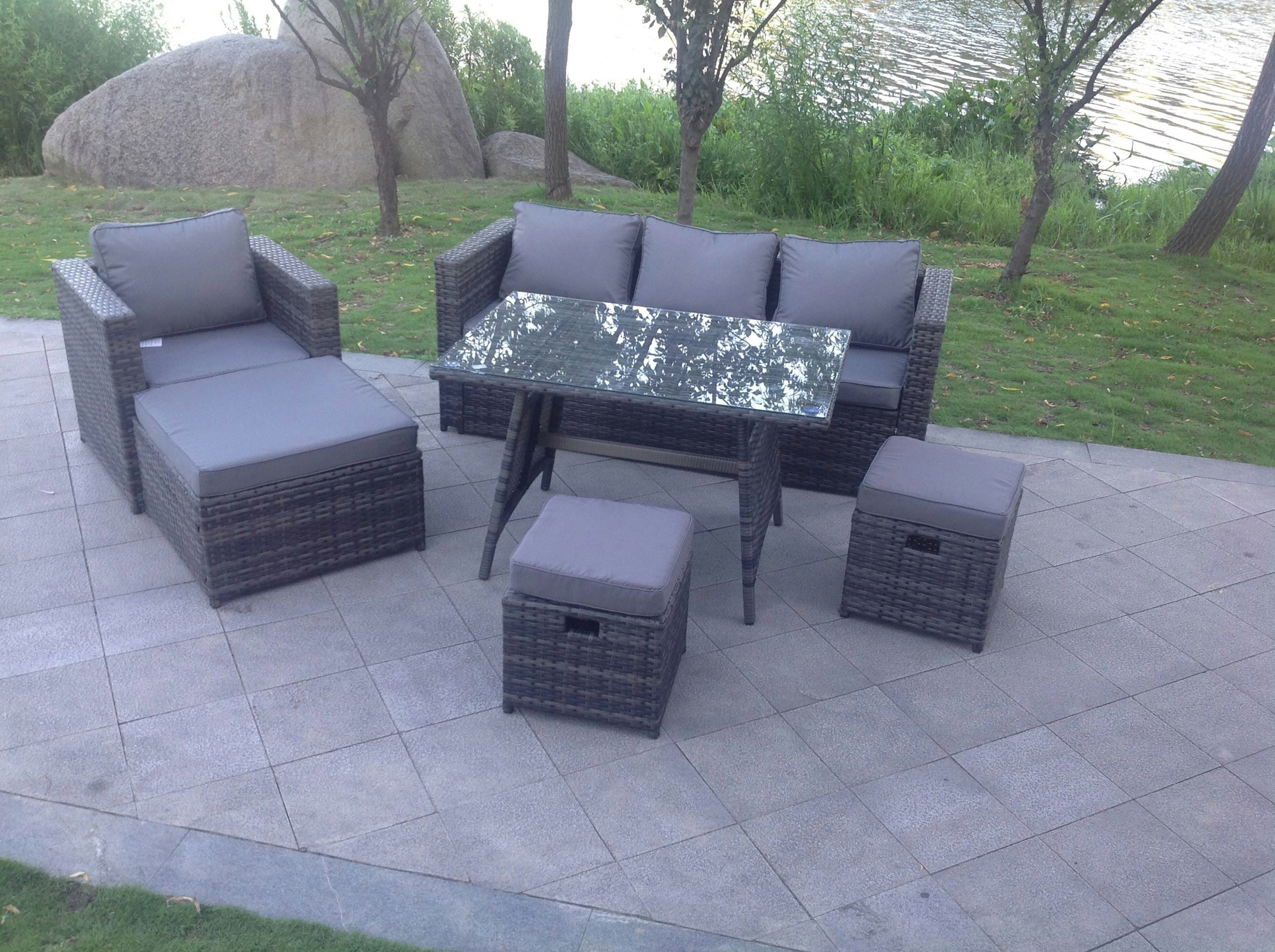 Rackhams Dark/Grey Mixed Rattan Garden Outdoor Sofa Set Chair Rectangular Dining Table Big Footstool 2 Small Footstools 7 Seater