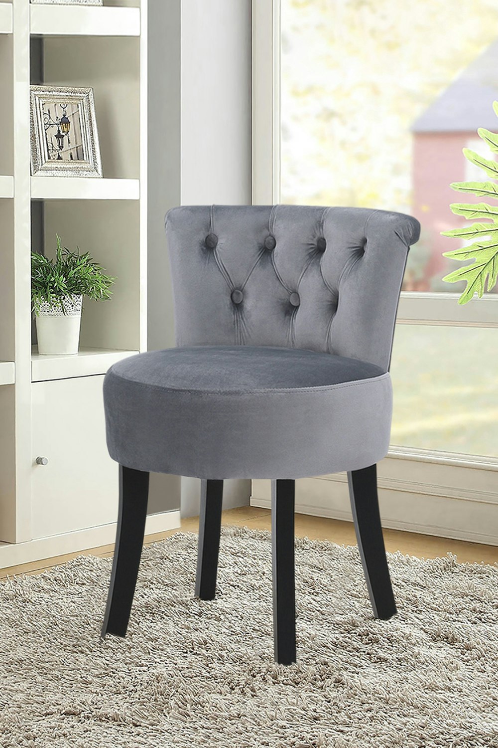 Rackhams Grey Velvet Button Tufted Upholstered Footstool For Dressing Table