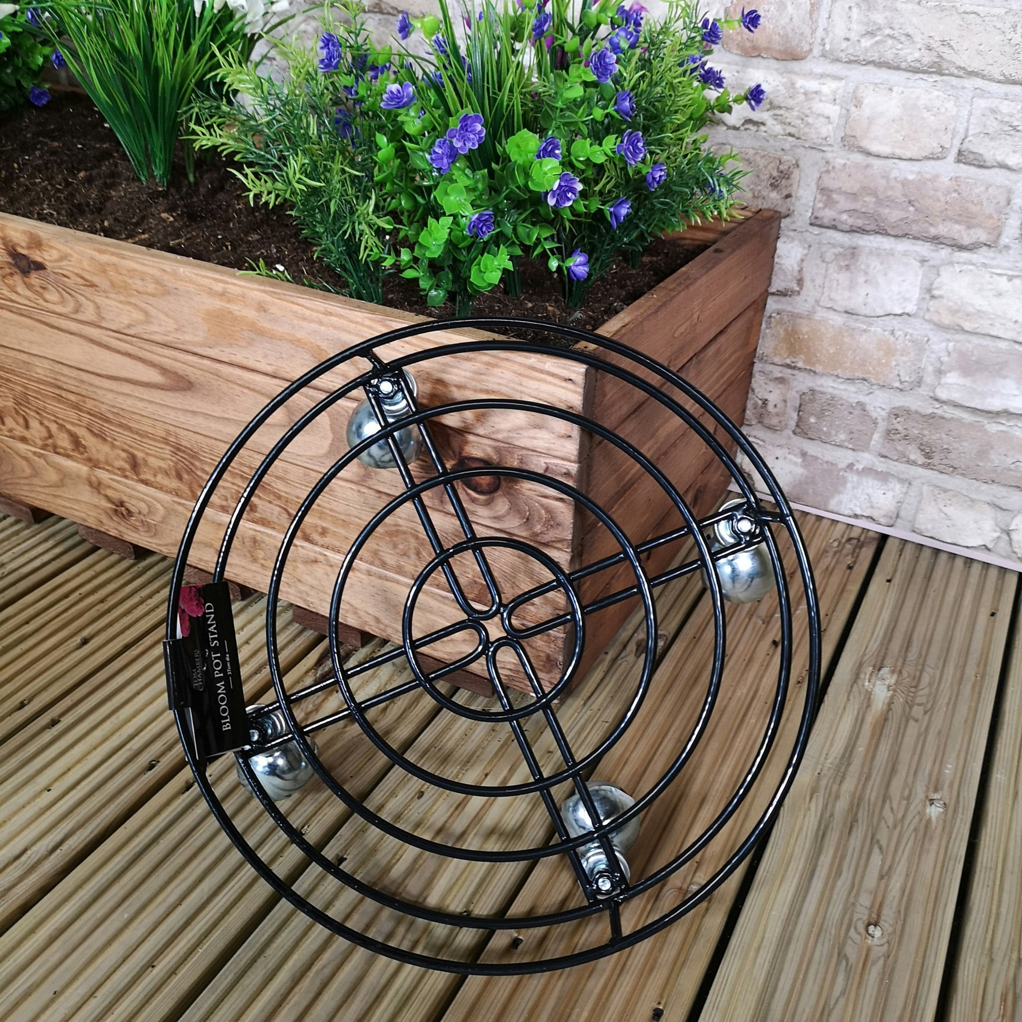 Rackhams Black Handcrafted Heavy Duty Round Metal Garden Patio Plant Flower Pot Stand Caddy Trolley On Strong Metal Castor Wheels - 37Cm - Pots & Planters