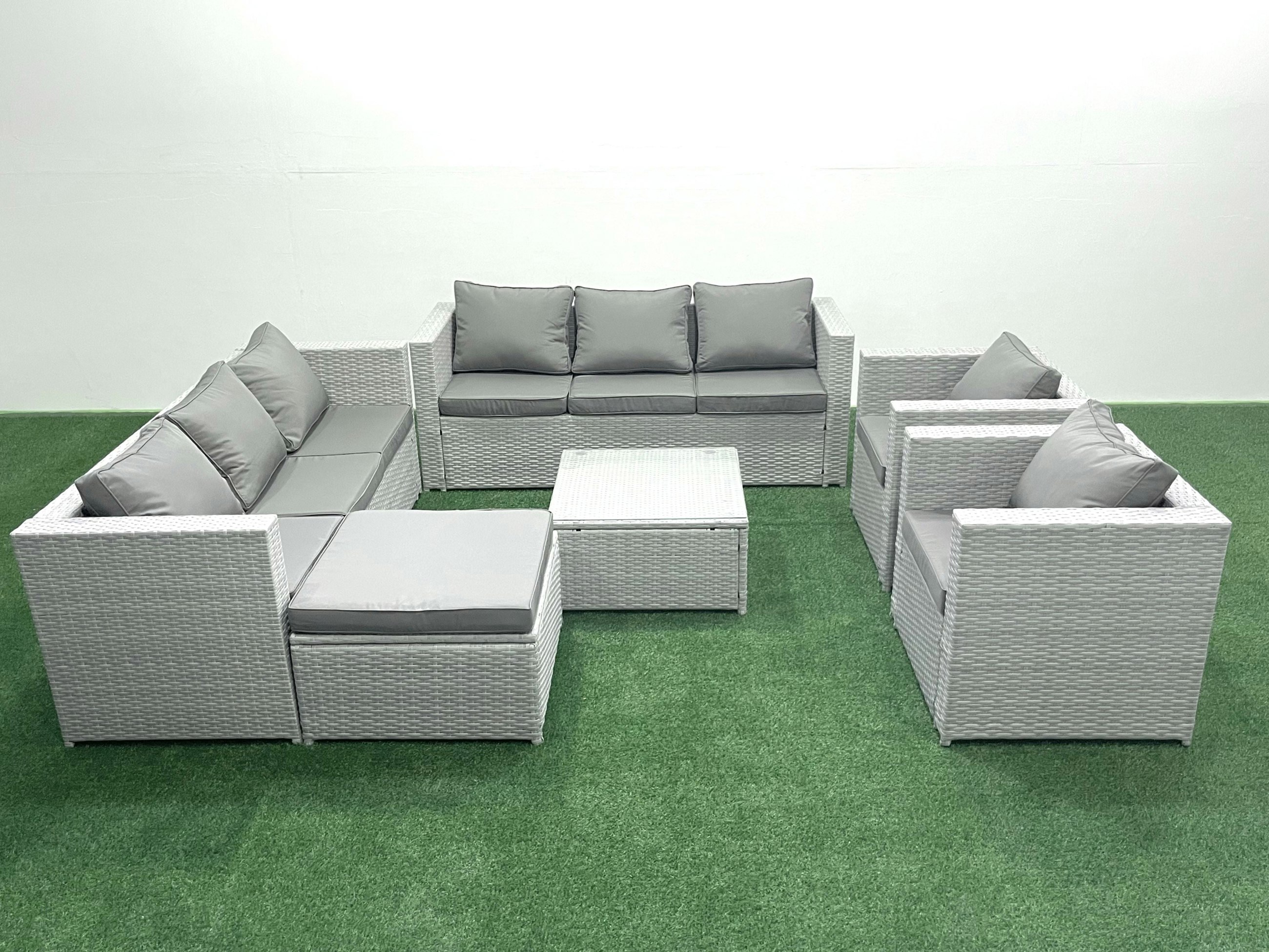 Fimous Light/Grey Outdoor Rattan Sofa Garden Furniture Set With 2 Armchairs Square Coffee Table Big Footstool Mixed