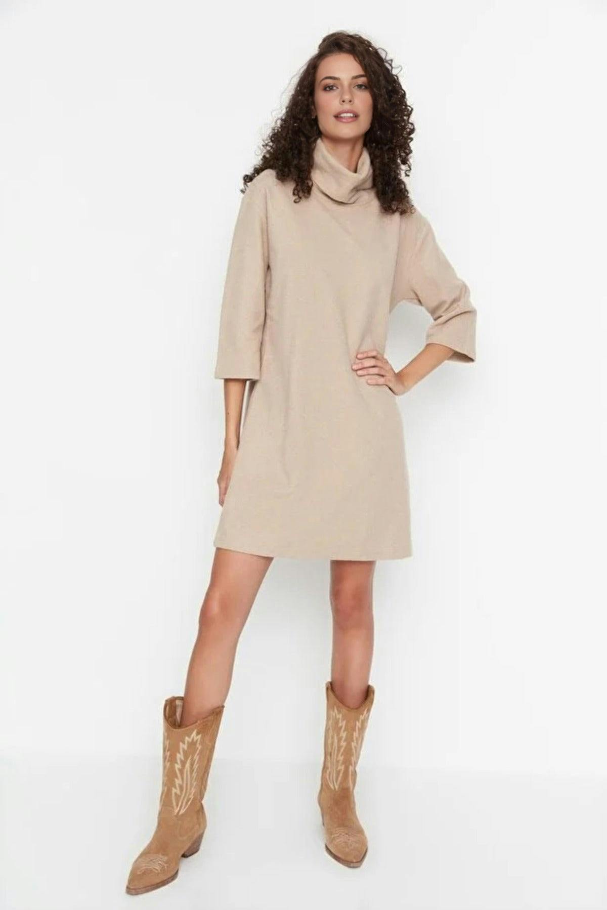 Wovcor Turtleneck Long Sleeve Knit Mini Dress - Taupe - Xs