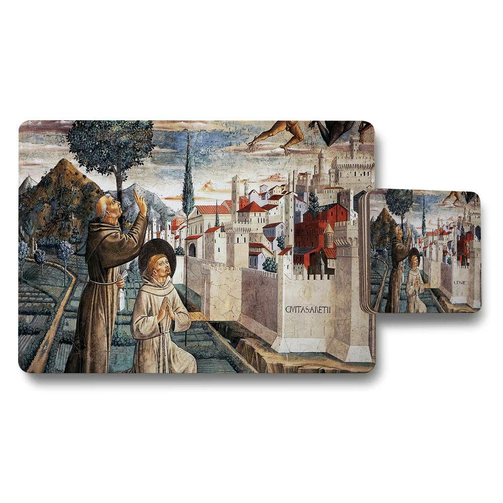 Benjamin Tate Design Red Medieval Cityscape Placemat Coaster Set With Historic Wall Scene