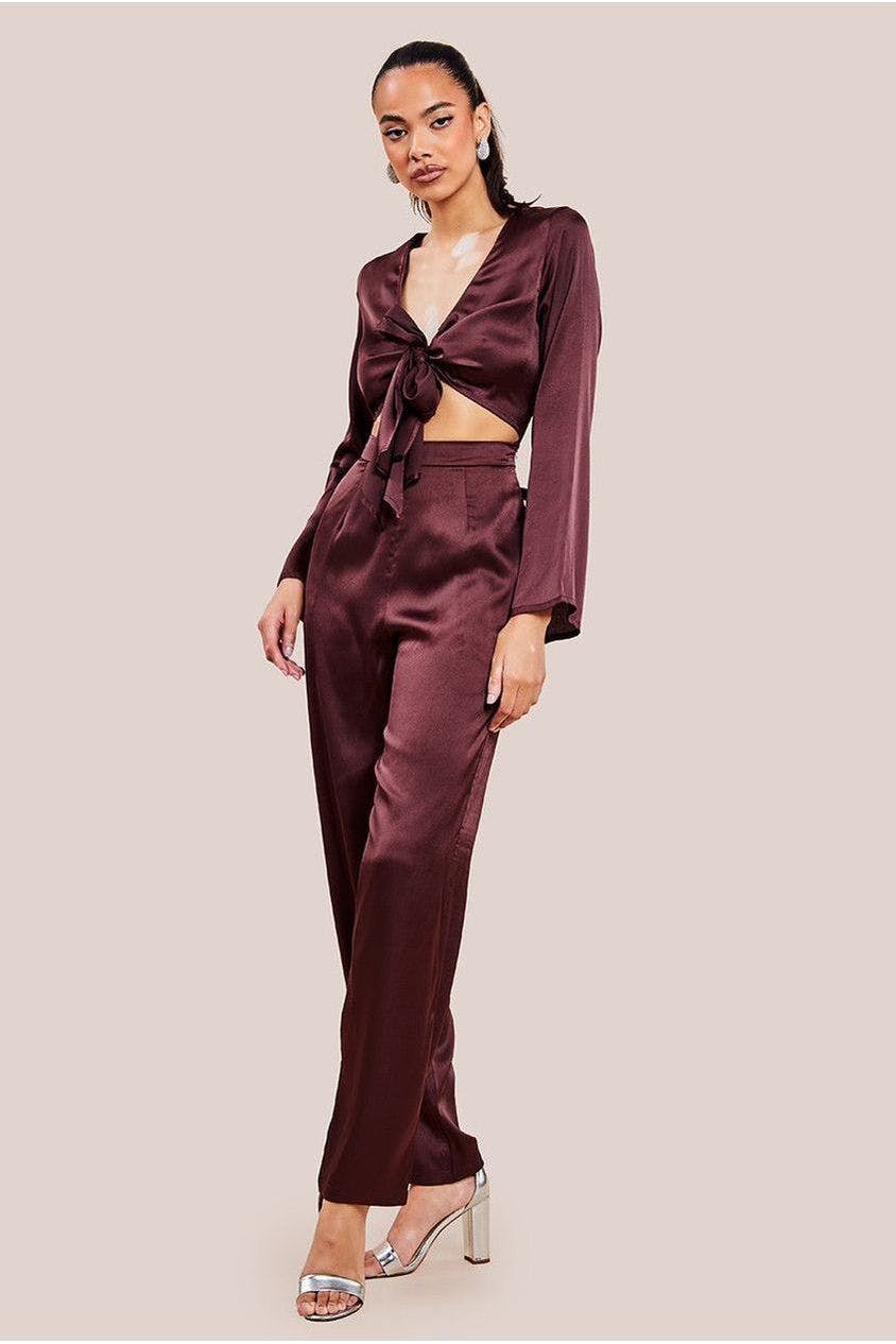 Goddiva Brown Cut Out Satin Jumpsuit - By - 16