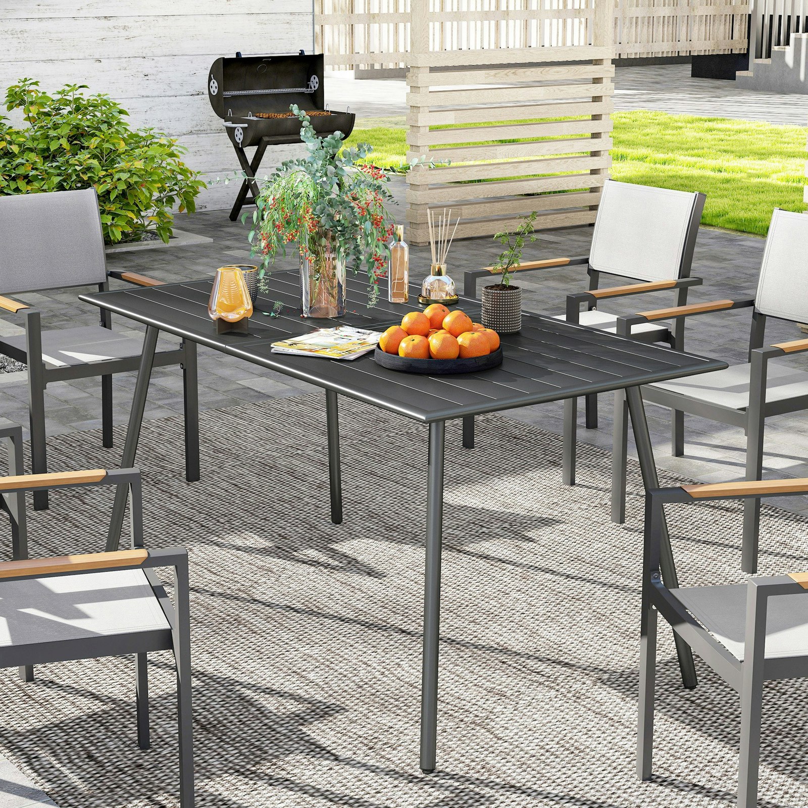 Outsunny Grey Garden Dining Table For 6 Person With Slat Top, Steel Frame,