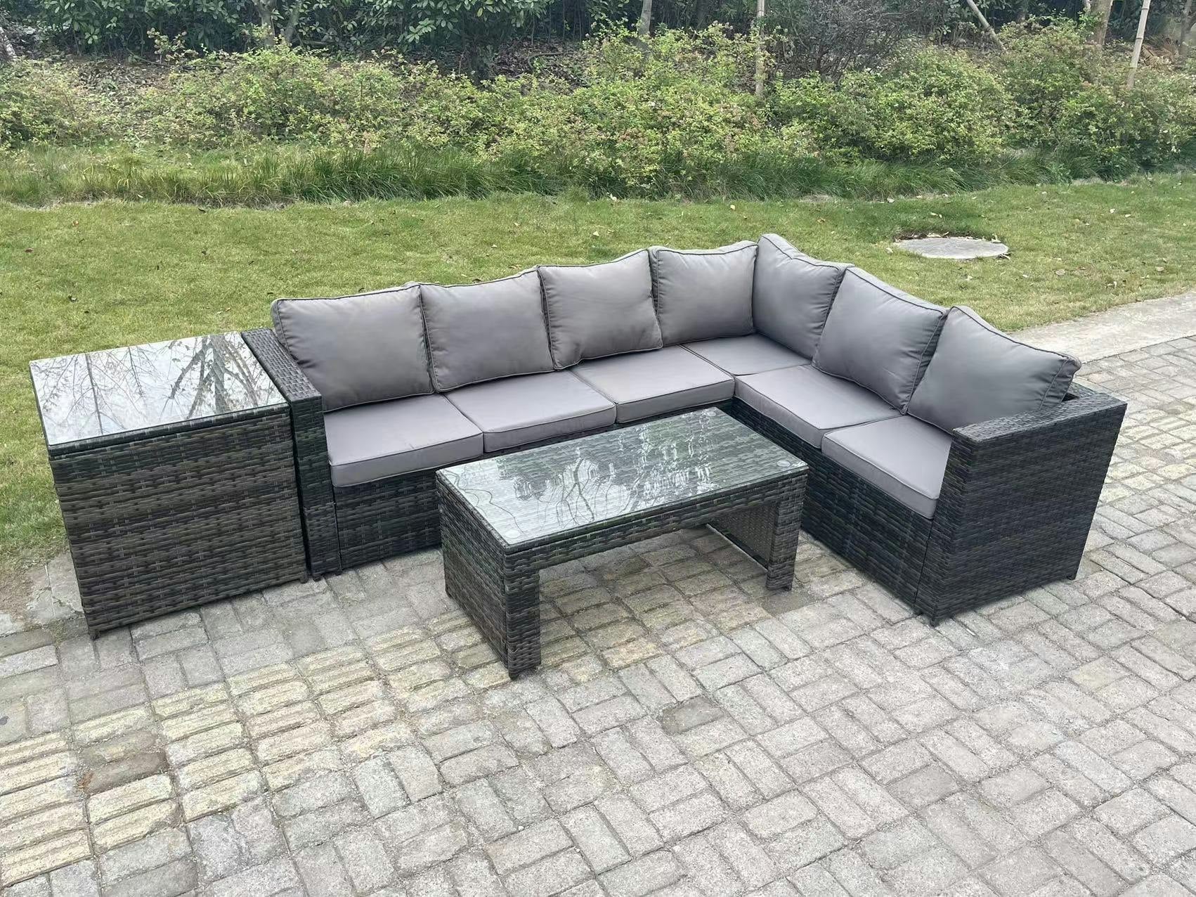 Fimous Dark/Grey 6 Seater Rattan Corner Sofa Lounge Sofa Set With Rectangular Coffee Table Side Table Mixed Right Hand