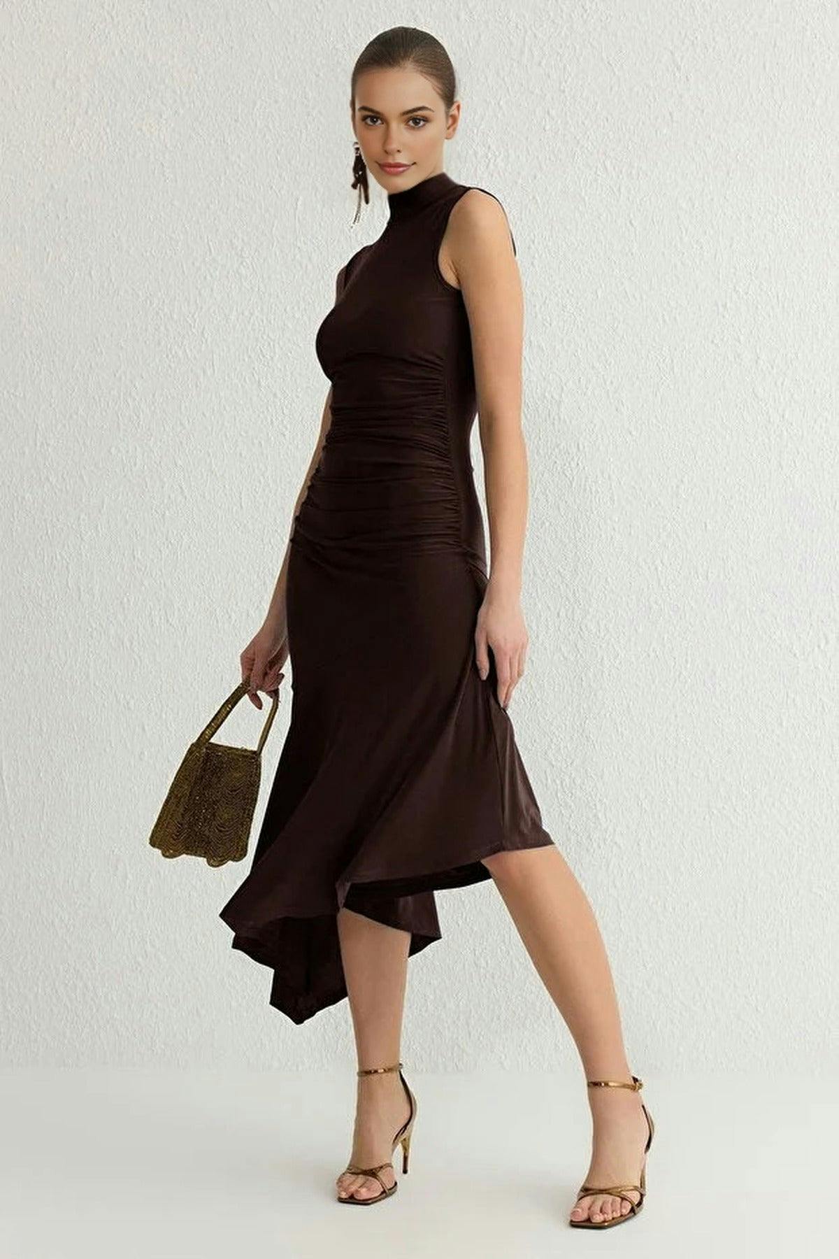 Wovcor Brown Elegant Knit Evening Dress With Ruffle Detail - 14