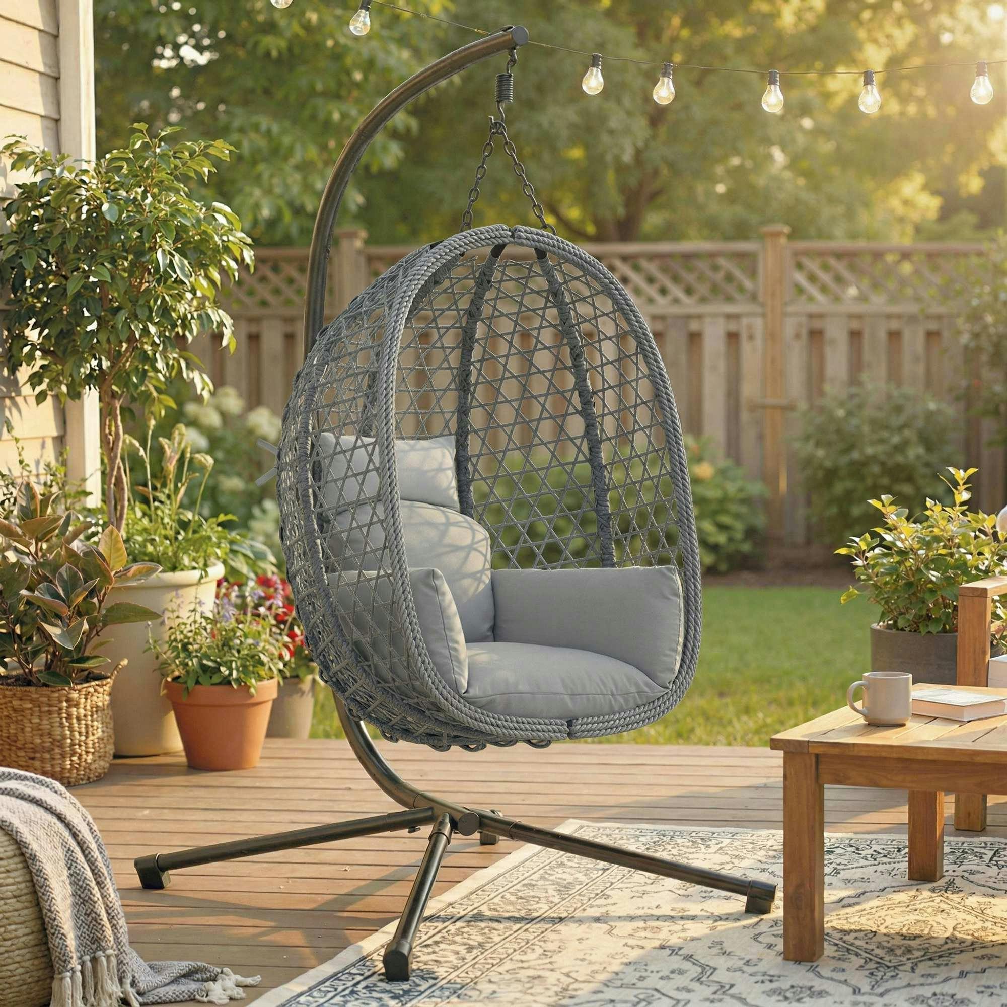 Rackhams Dark/Grey Hanging Egg Chair, Rattan Swing Chair With Stand