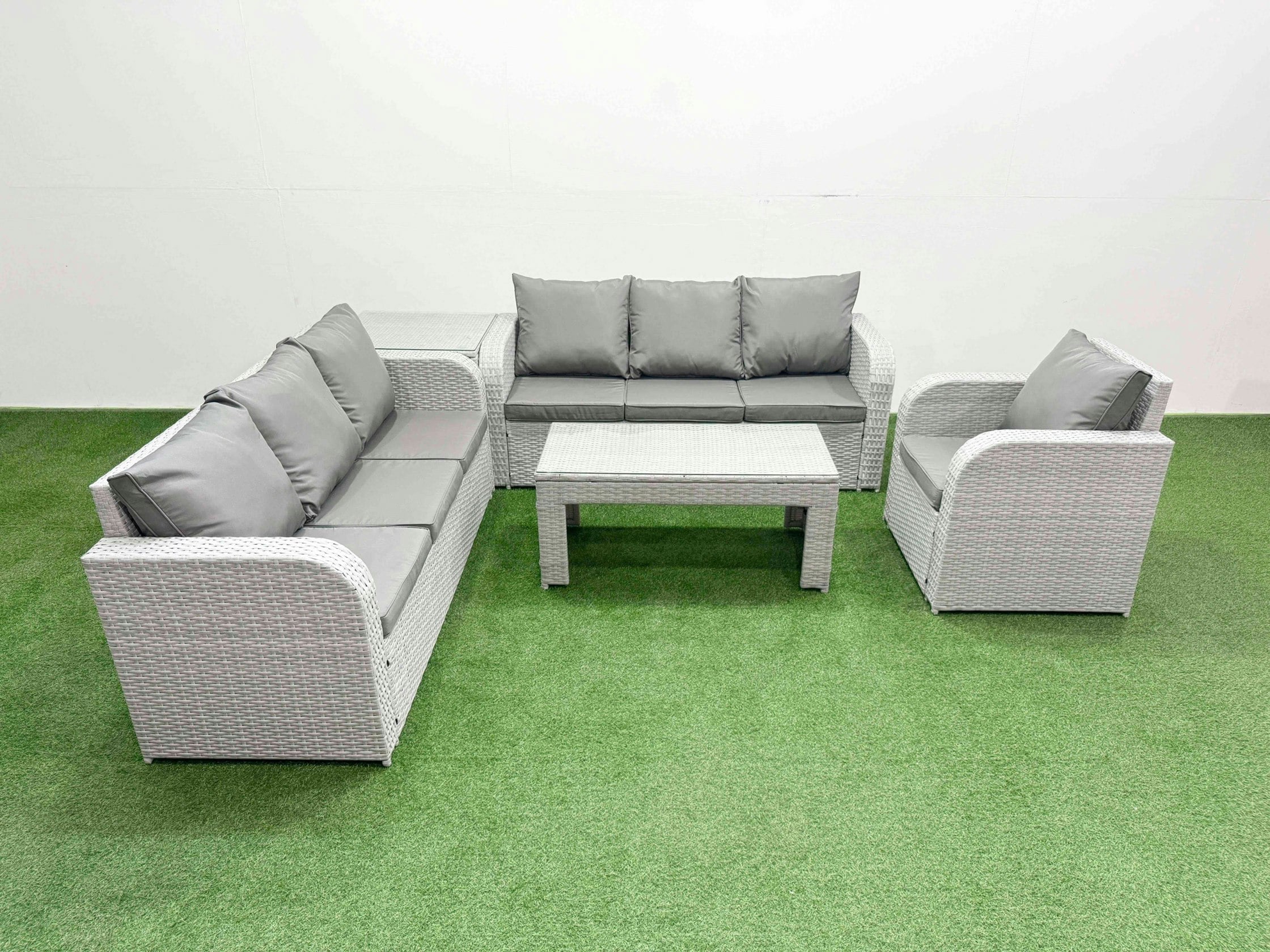 Rackhams Light/Grey 7-Seater Poly Rattan Garden Furniture Set - Outdoor Patio Sofa With Oblong Coffee Table & Reclining Chair