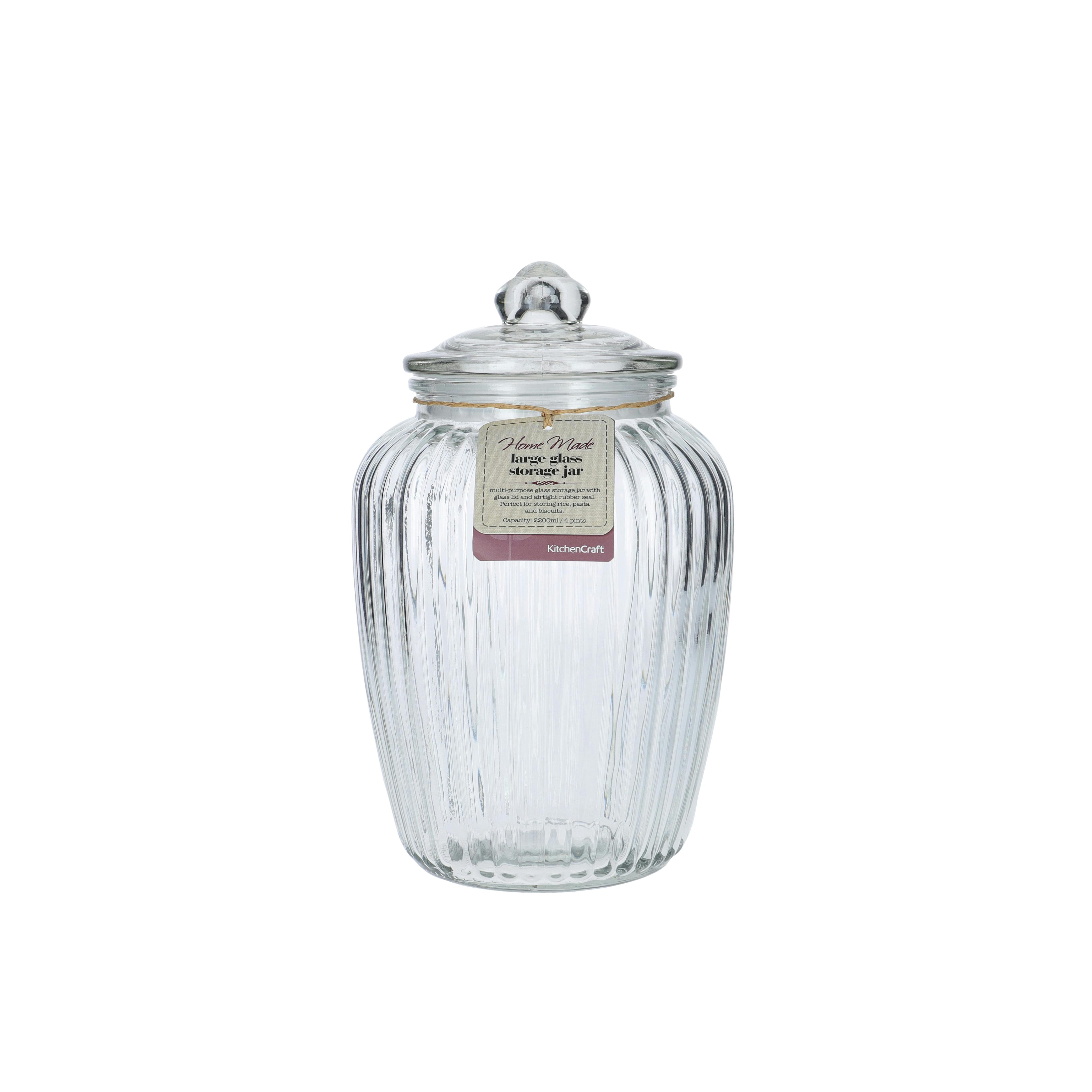 Rackhams Home Made Large Glass Storage Jars, Set Of 2 Multi-Purpose Fluted Glass Sweet Jar, 2.2 Litre - Clear - Soda Lime Glass - Jars