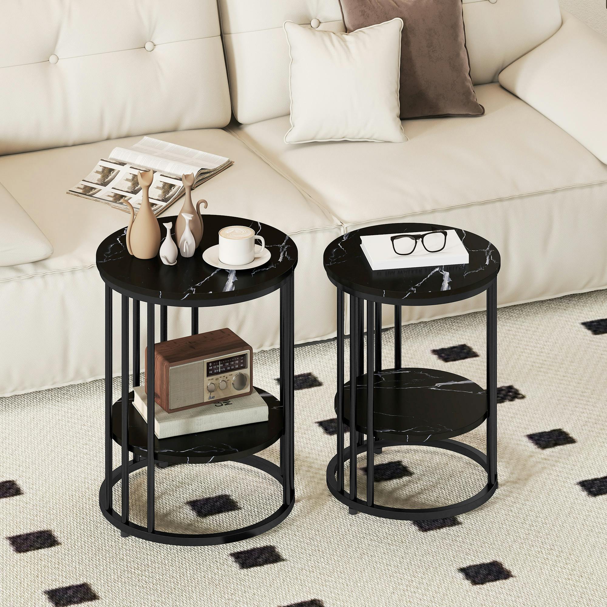 Rackhams Black Marble-Effect Round Coffee Table Set Of 2 For Living Room, - Large: 45Cm, Small: 40Cm - Steel, Mdf - Coffee Table Set