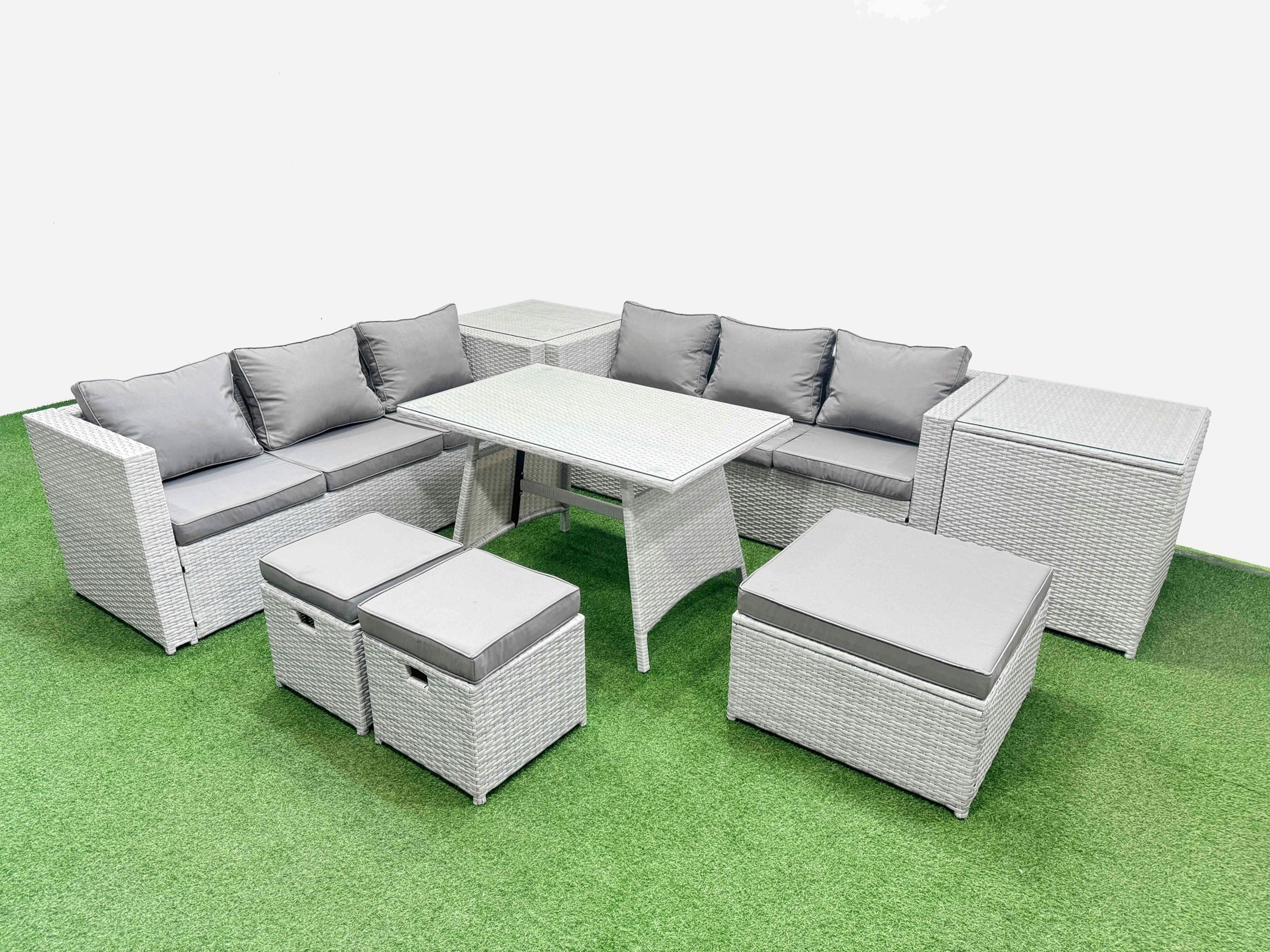 Rackhams Light/Grey Rattan Garden Furniture Dining Set 9 Seater Patio Rectangular Table 3 Seater Sofa Set With 2 Side Tables 3 Stools