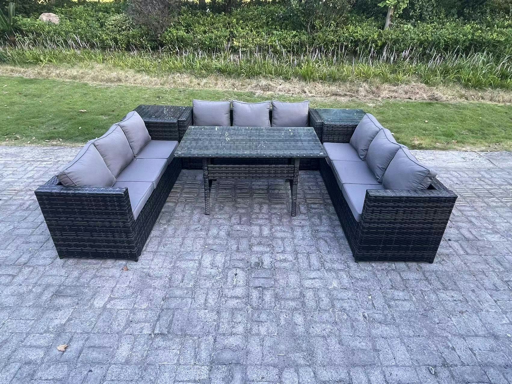 Fimous Dark/Grey Wicker Outdoor Garden Furniture Rattan Lounge Sofa Set Patio Rectangular Dining Table With 2 Side Table 9 Seater Mixed