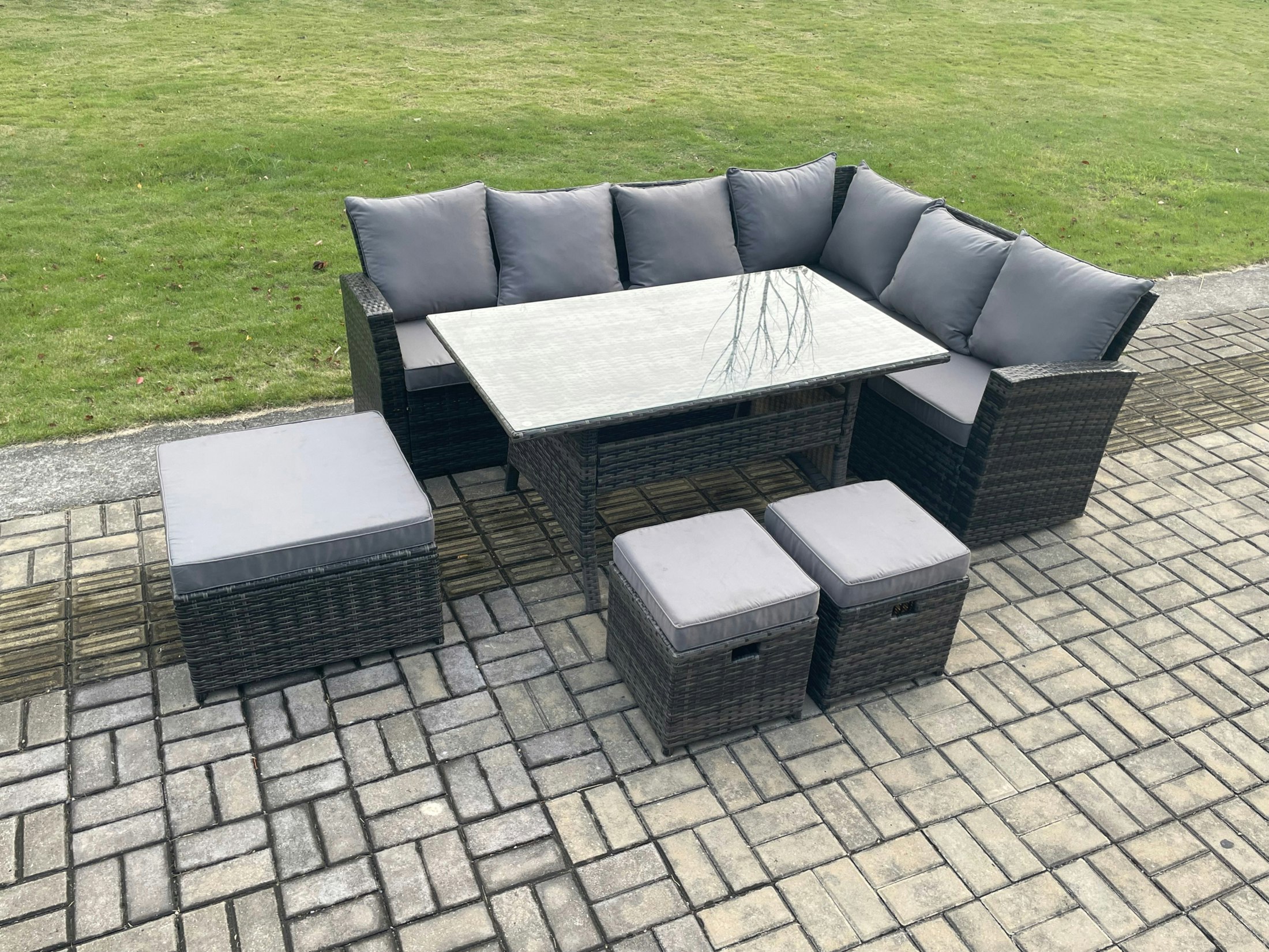 Fimous 9 Seater Garden Rattan Furniture Corner Sofa Dining Table Chair Set With 2 Small Footstools Indoor Outdoor Lounge Sofa Set