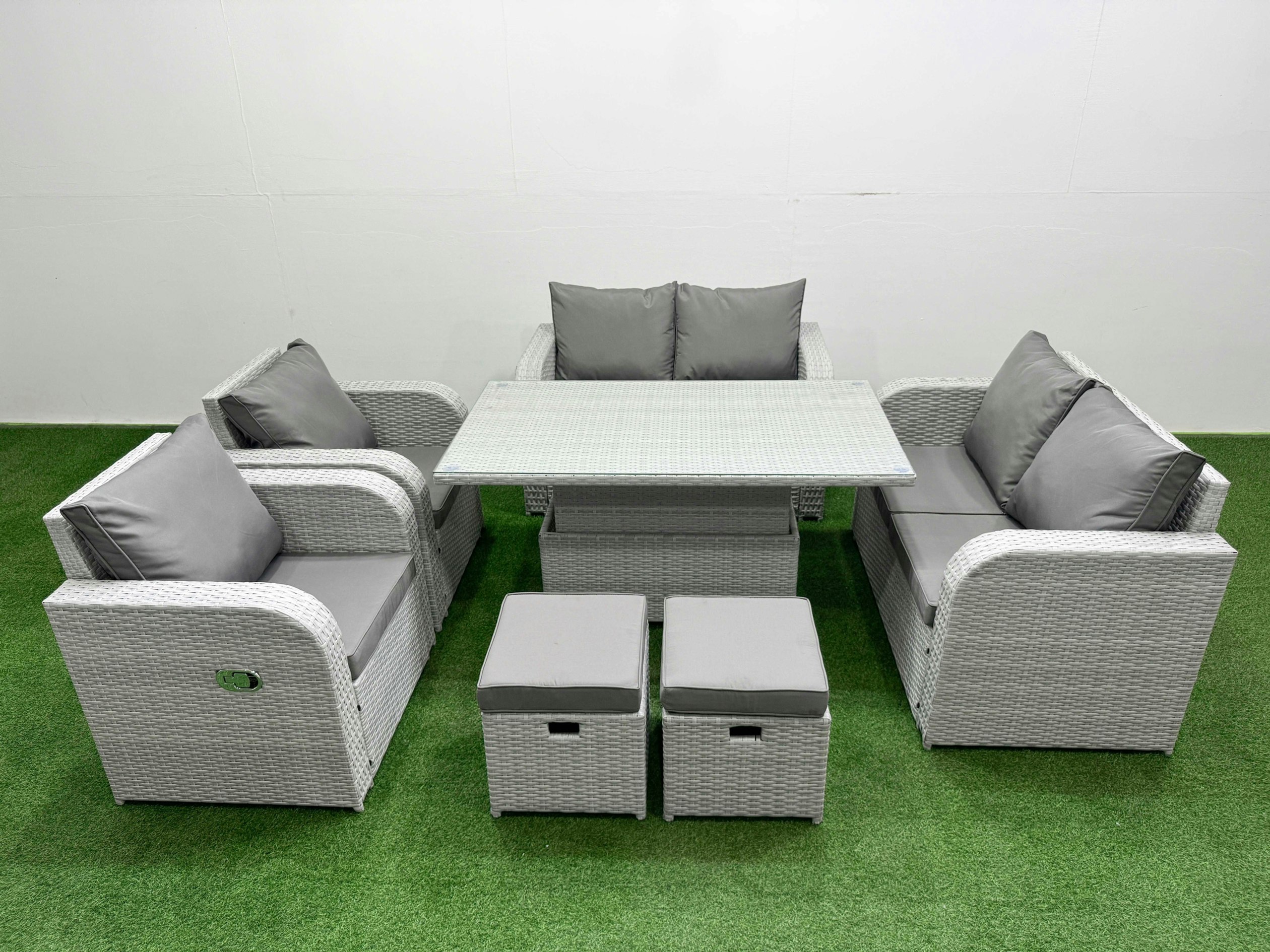 Rackhams Light/Grey 8 Seater Outdoor Reclining Chair Love Sofa Set Rattan Garden Furniture Set With Adjustable Lifting Dining Or Coffee Table 2 Stools