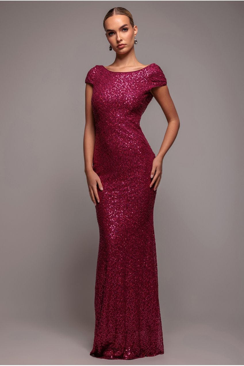 Goddiva Burgundy Cowl Back Sequin Maxi - By - 14