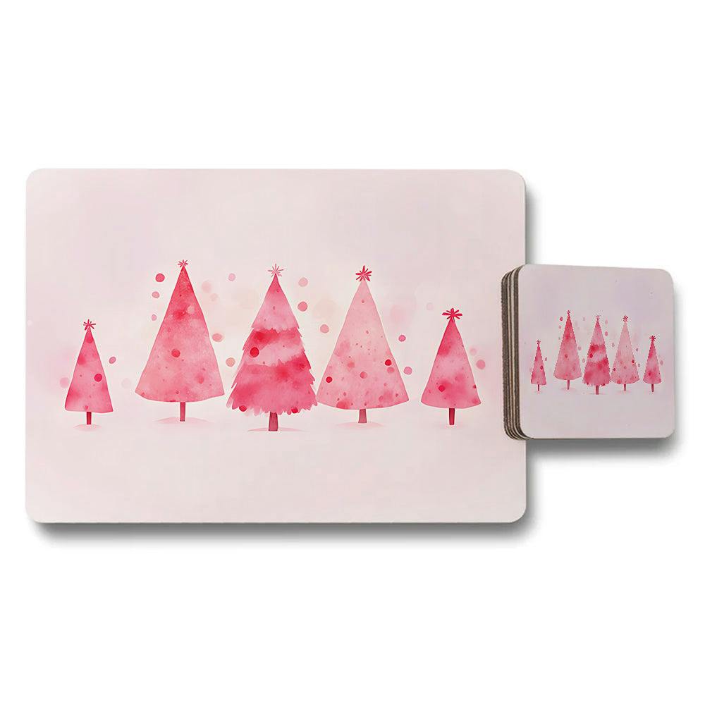 Benjamin Tate Design Pink Watercolor Christmas Tree Placemats And Coaster Set