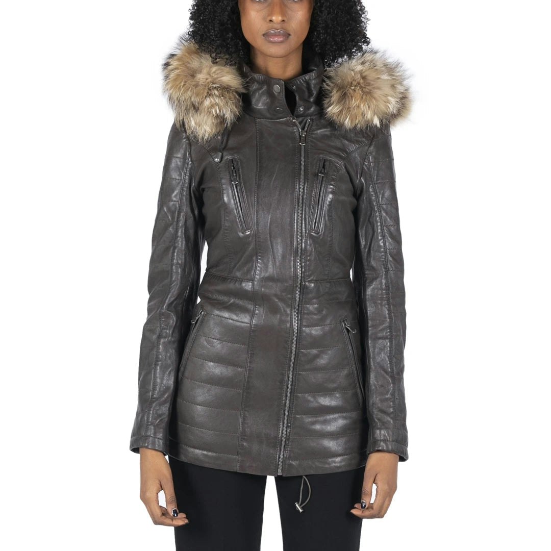 Infinity Leather Women's Brown/Grey Leather Parka Jacket 3/4 Fur Hood Zipped Tan - Uk 16