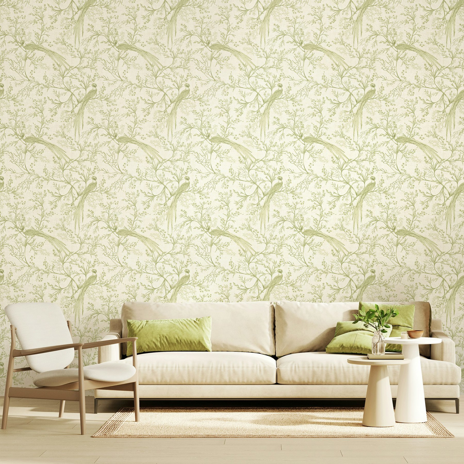 Rackhams Bird Toile - Sage 10M Wallpaper