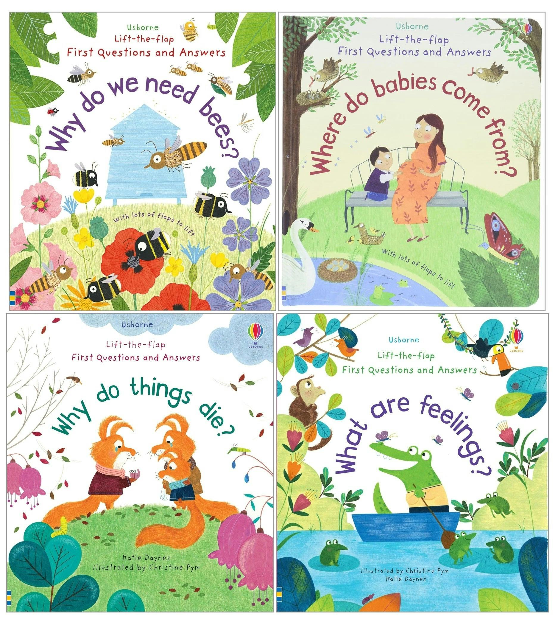Various Publishers Usborne Lift-The-Flap First Questions And Answers 4 Books (Where Do Babies Come From?, What Are Feelings?, Why Do We Need Bees?, Why Do Things Die?)