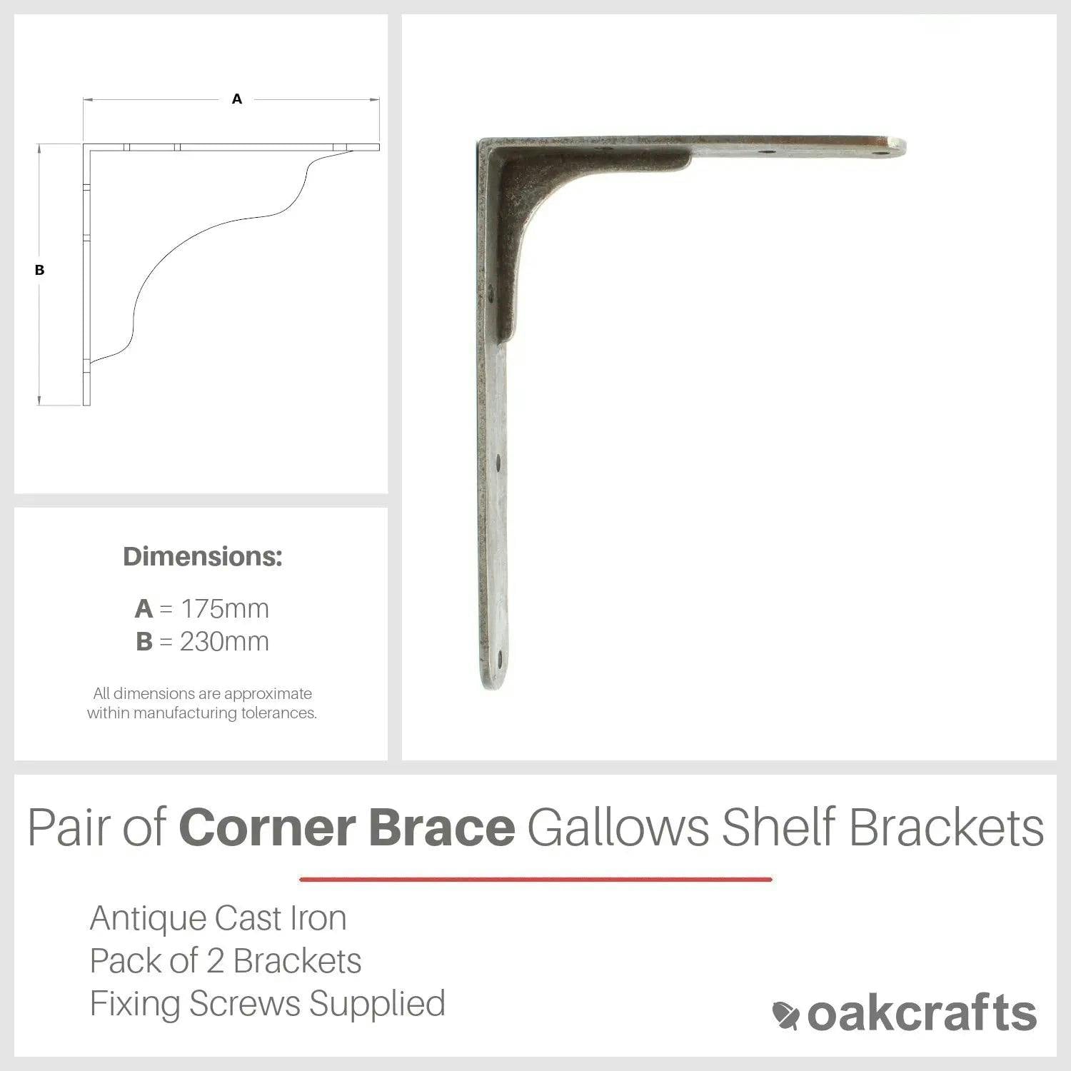 - Pair Of Corner Brace Gallows Style Antique Cast Iron Shelf Brackets175mm X 230mm - Image 2