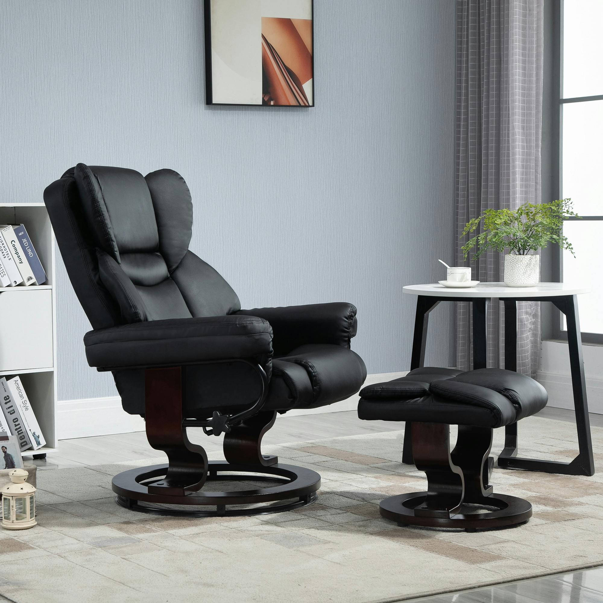 Rackhams Black Pu Leather Manual Reclining Armchair Footstool - Pu Leather
