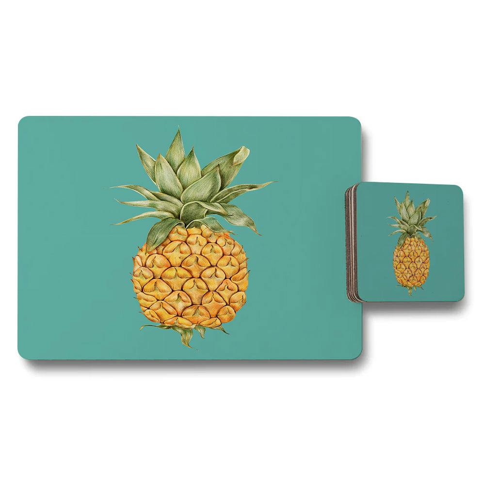 Benjamin Tate Design Placemat And Coaster Set Pineapple Artwork On Wood Bottom Teal Luxe Collection Limited Edition
