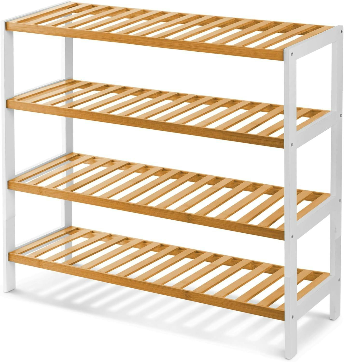Mantraraj White/Brown Bamboo 4 Tier Shoe Rack Easy Assembly Storage Shelf Organiser Wooden Shoe Rack - Shoe Rack