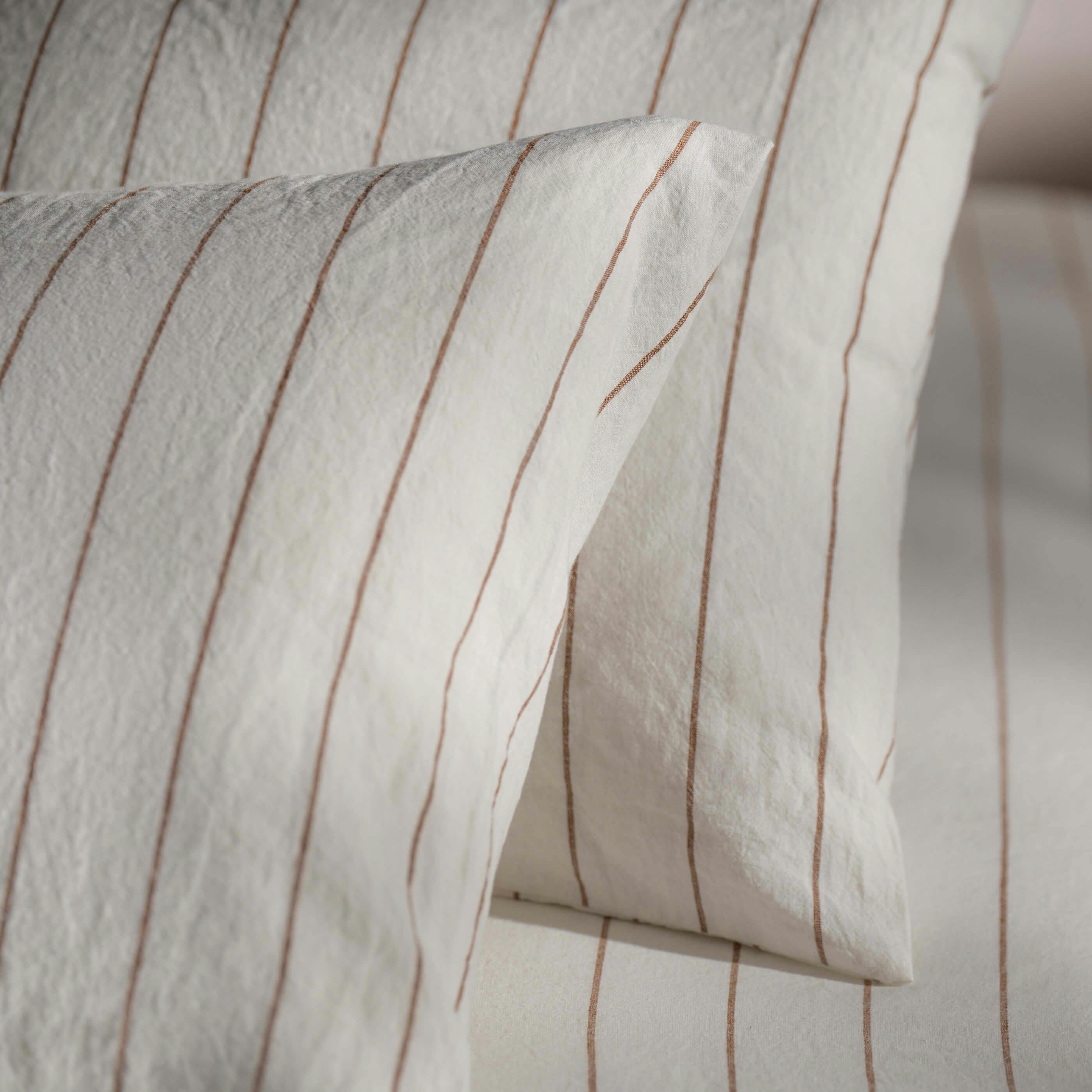 Soak&Sleep White/Orange /Burnt Pinstripe Linen Cotton Pillowcases - Standard - Pair - Housewife