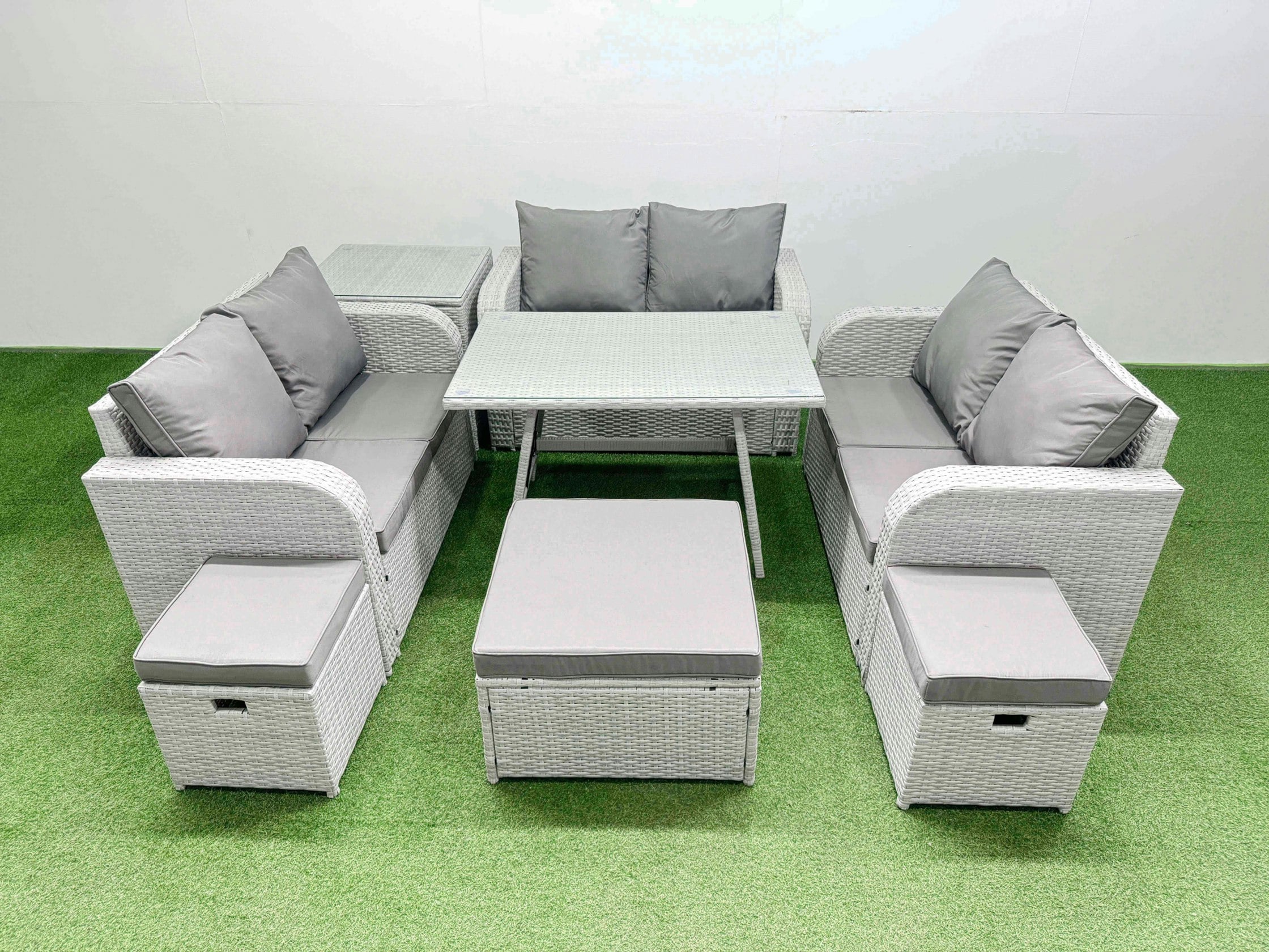 Rackhams Rattan Garden Furniture Dining Set 9 Seater Patio Rectangular Table Love Sofa Set With Side Table 3 Stools
