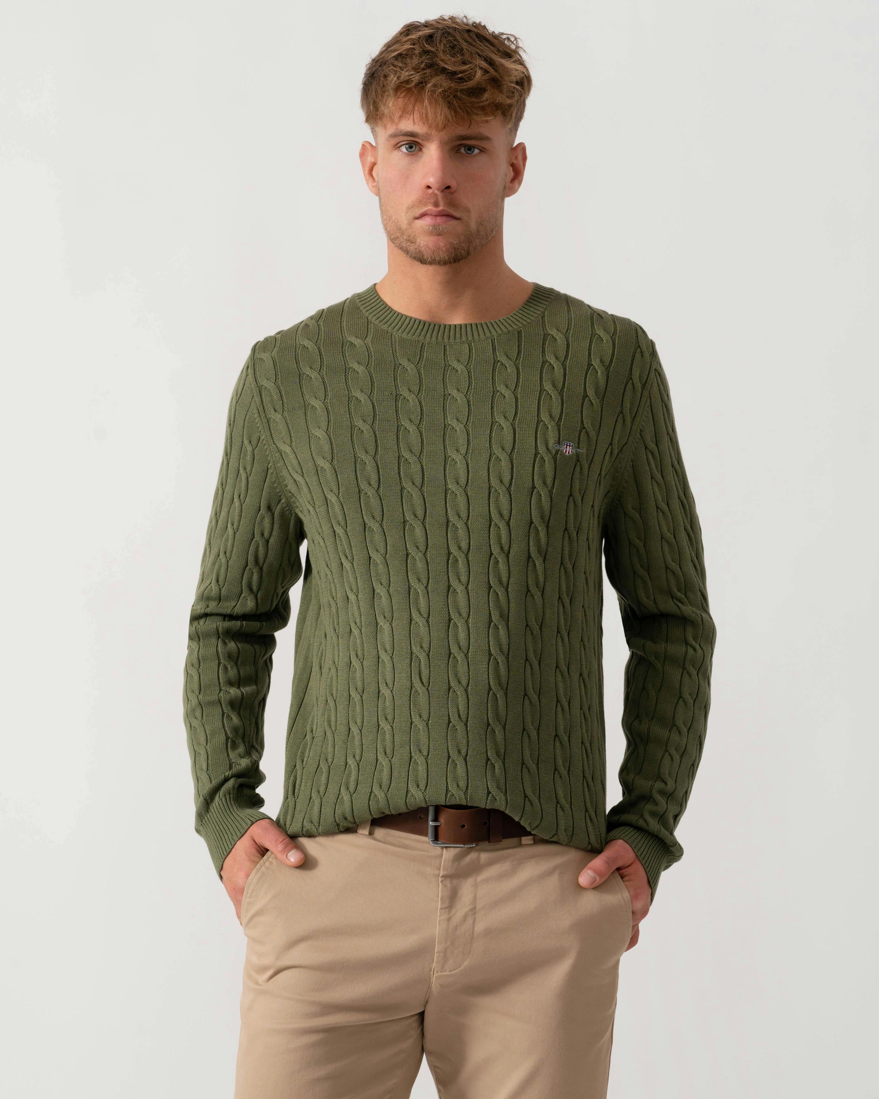 Gant Men's Green Cotton Cable Knit Crew Neck Jumper - 379 Dry Herb - 379 Dry Herb - L
