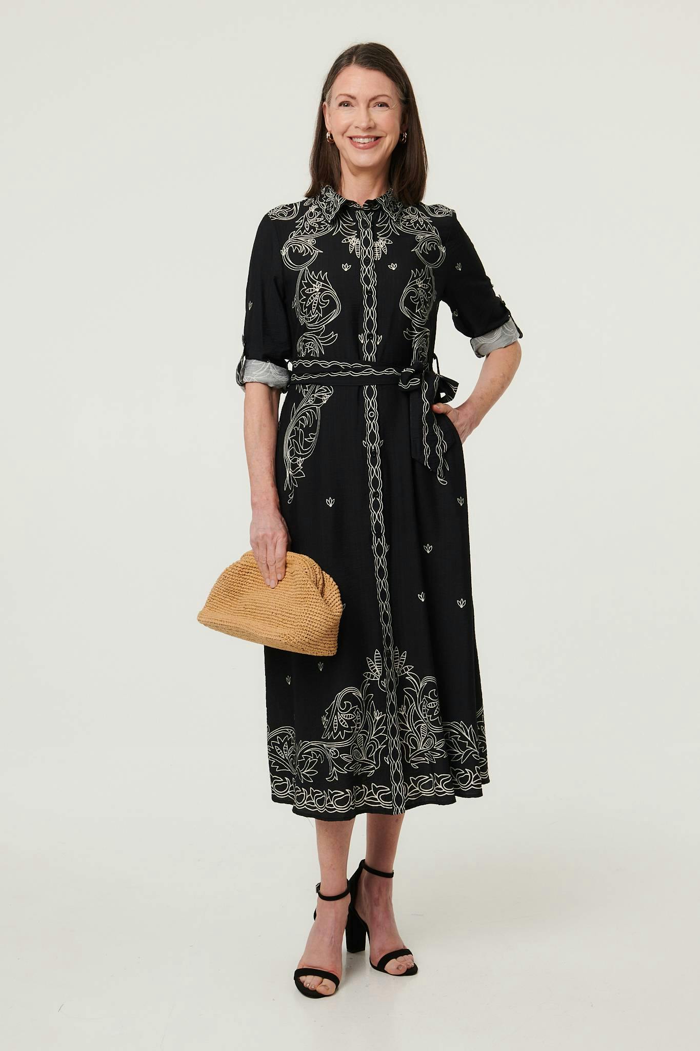 Izabel London Black Border Print Tie Waist Midi Shirt Dress - 16
