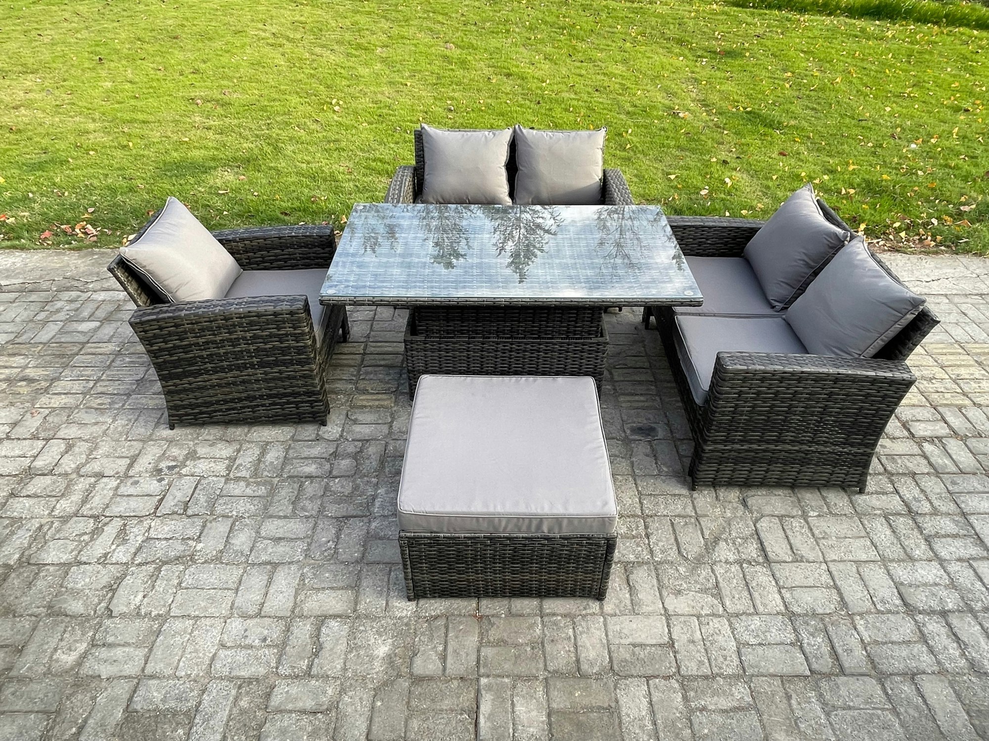 Fimous Dark/Grey 5Pcs Rattan Outdoor Garden Furniture Set Height Adjustable Rising Lifting Table Sofa Dining Set With Big Footstool Mixed