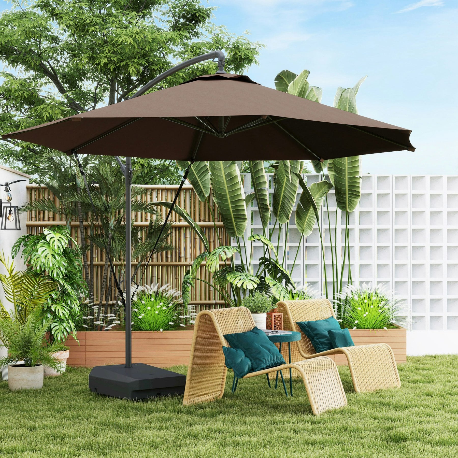 Rackhams Brown Garden Cantilever Parasol With Cover Weighted Base Wind Strap