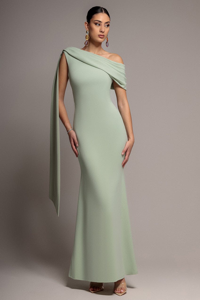 Goddiva Green Sash One Shoulder Bardot Maxi Dress - Sage By - Sage - 16