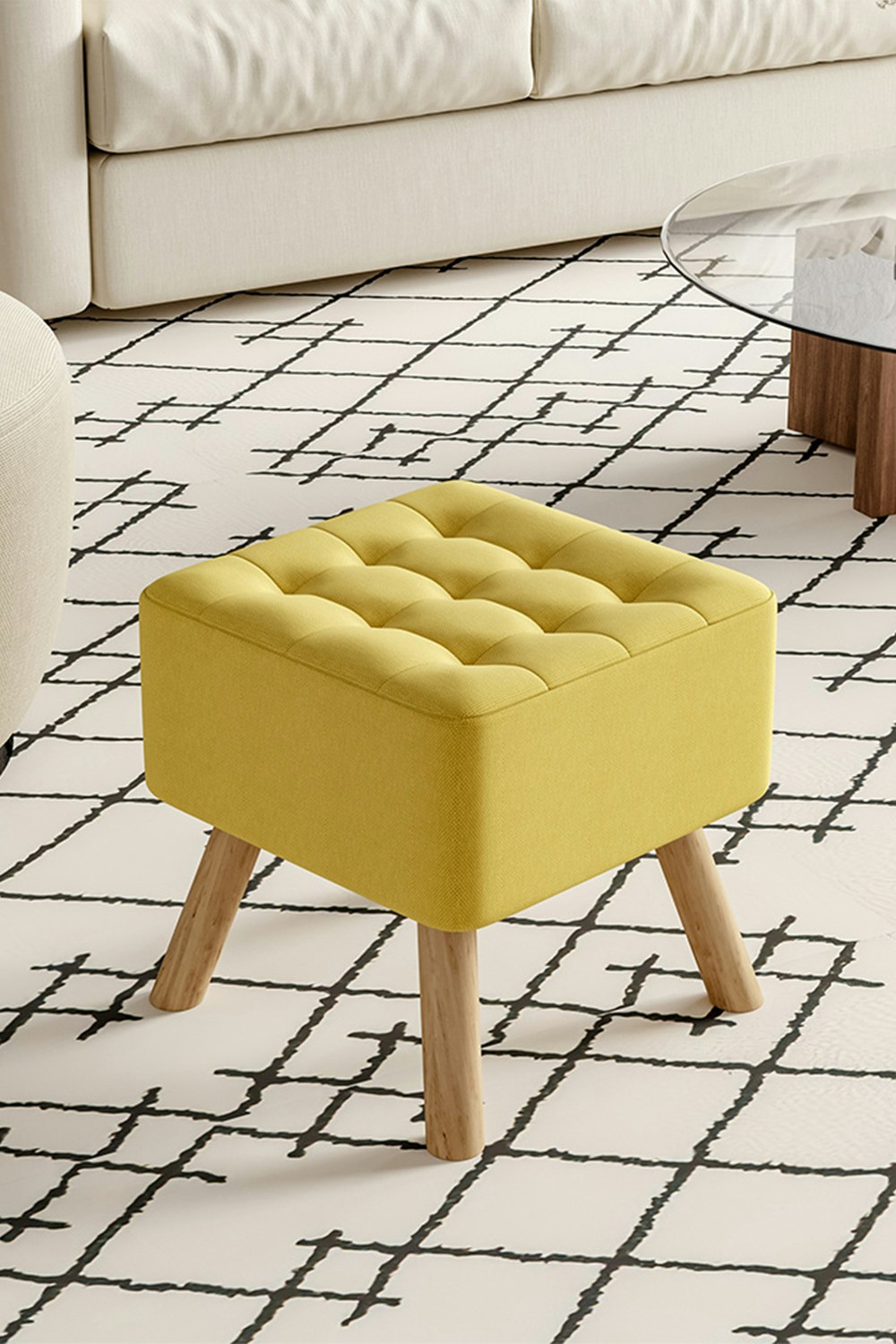 Rackhams Yellow Bright Linen Padded Wooden Leg Square Footstool