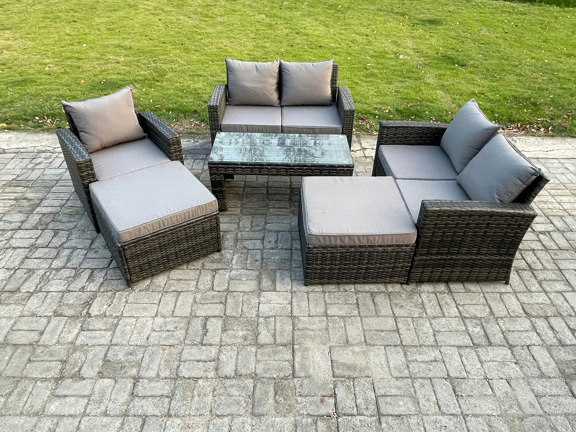 Fimous Dark/Grey 7 Seater High Back Rattan Garden Furniture Sofa Sets With Rectangular Coffee Table 2 Big Footstool Loveseat Sofa Armchair Mixed