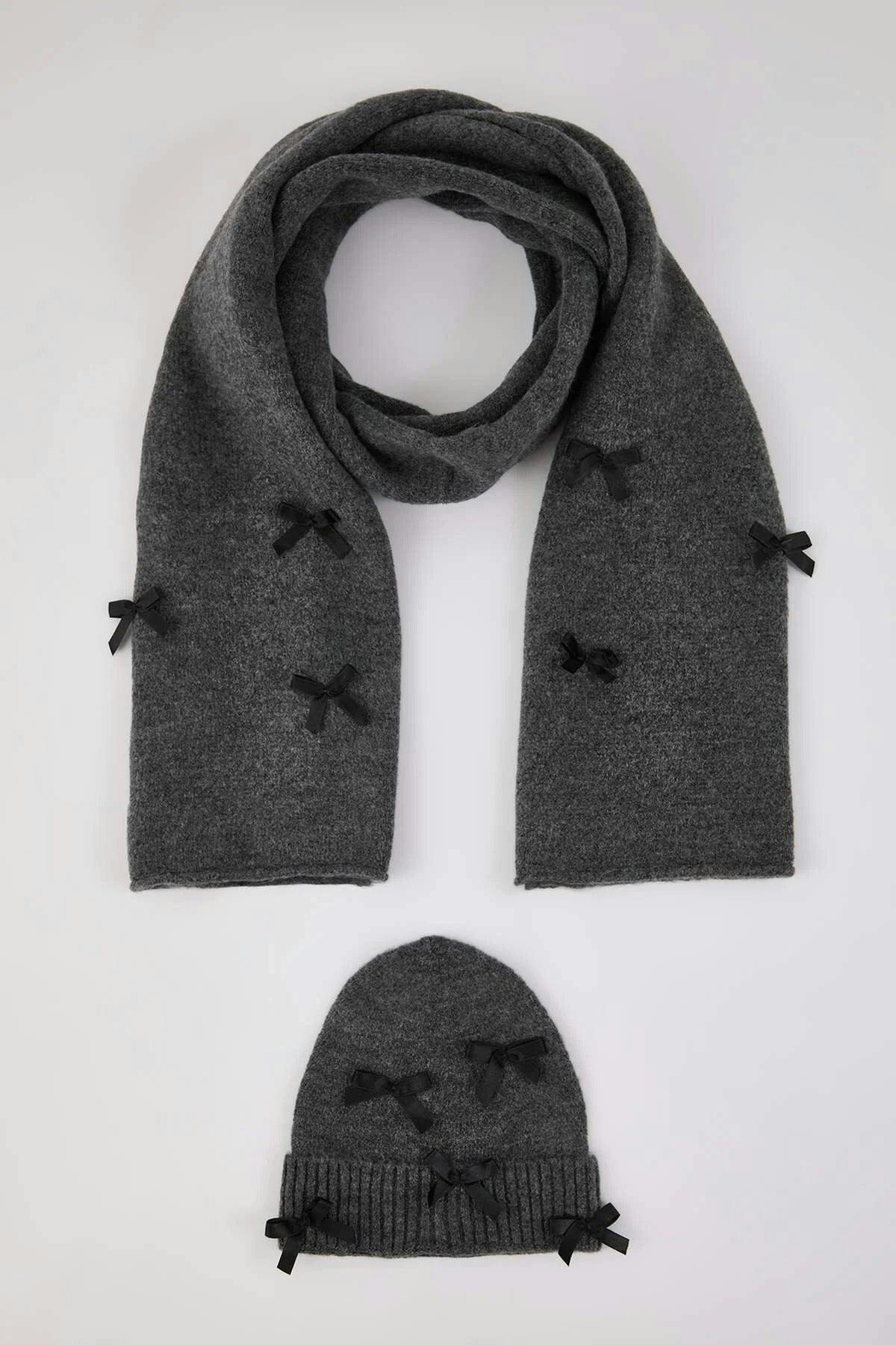 Wovcor Dark/Grey 2-Piece Soft Textured Knit Scarf And Beanie Set With Ribbon Detail - One Size