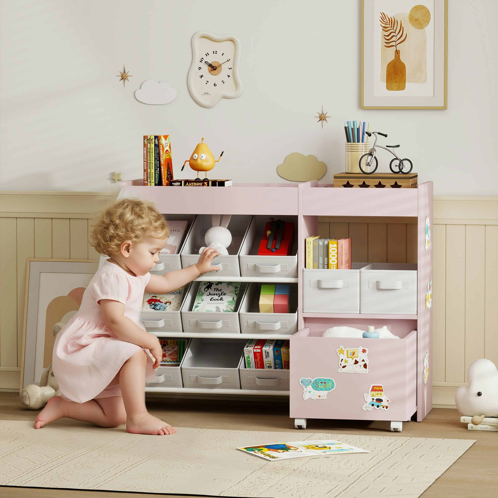 Aiyaplay White/Pink Kids Toy Storage Unit With 11 Fabric Bins, 3 Stickers,