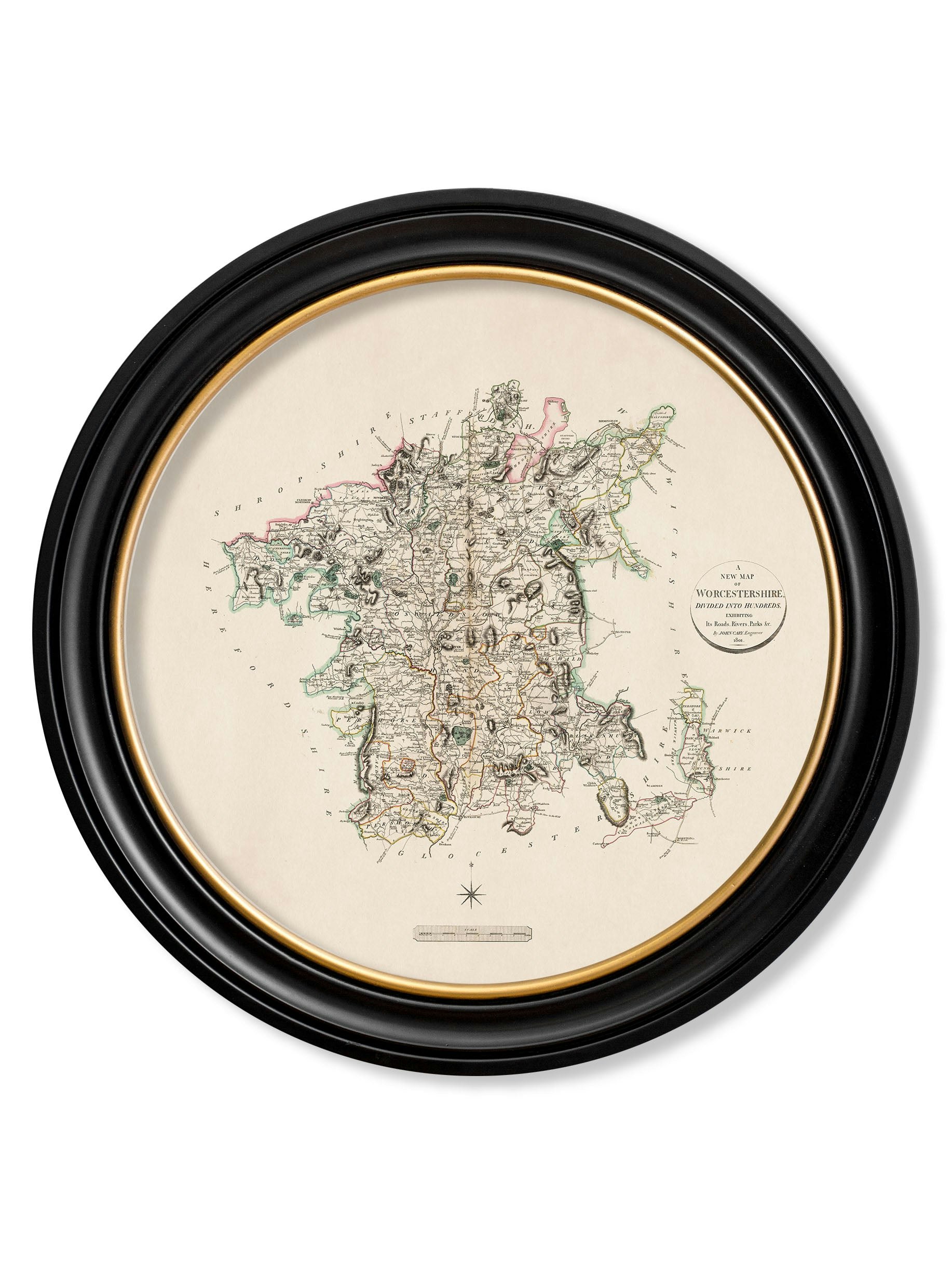 Exceptional Art Black C.1806 County Maps Of England - Round - 96 X 96Cm - Worcestershire