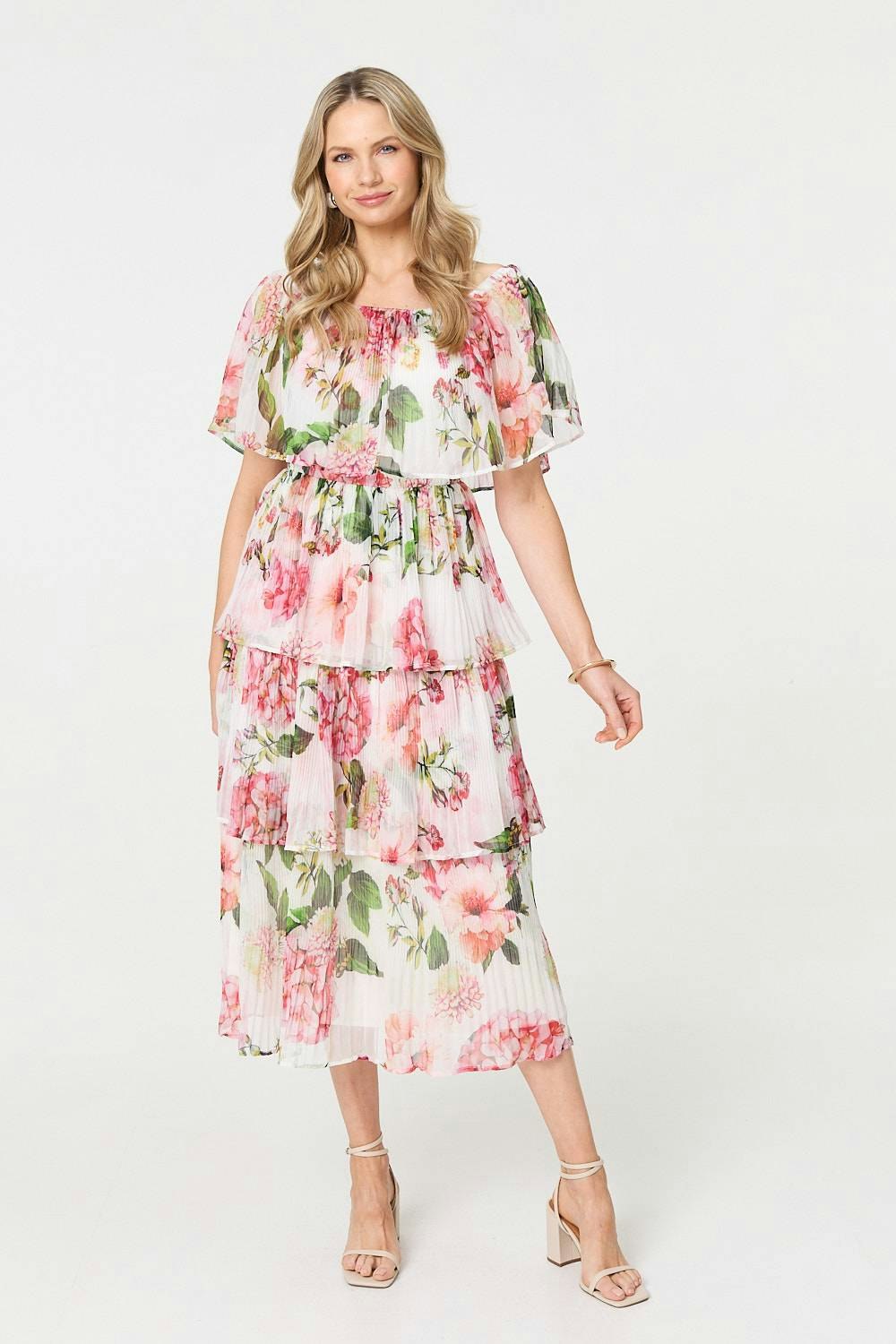 Izabel London White Floral Tiered Pleated Midi Dress - Size 14