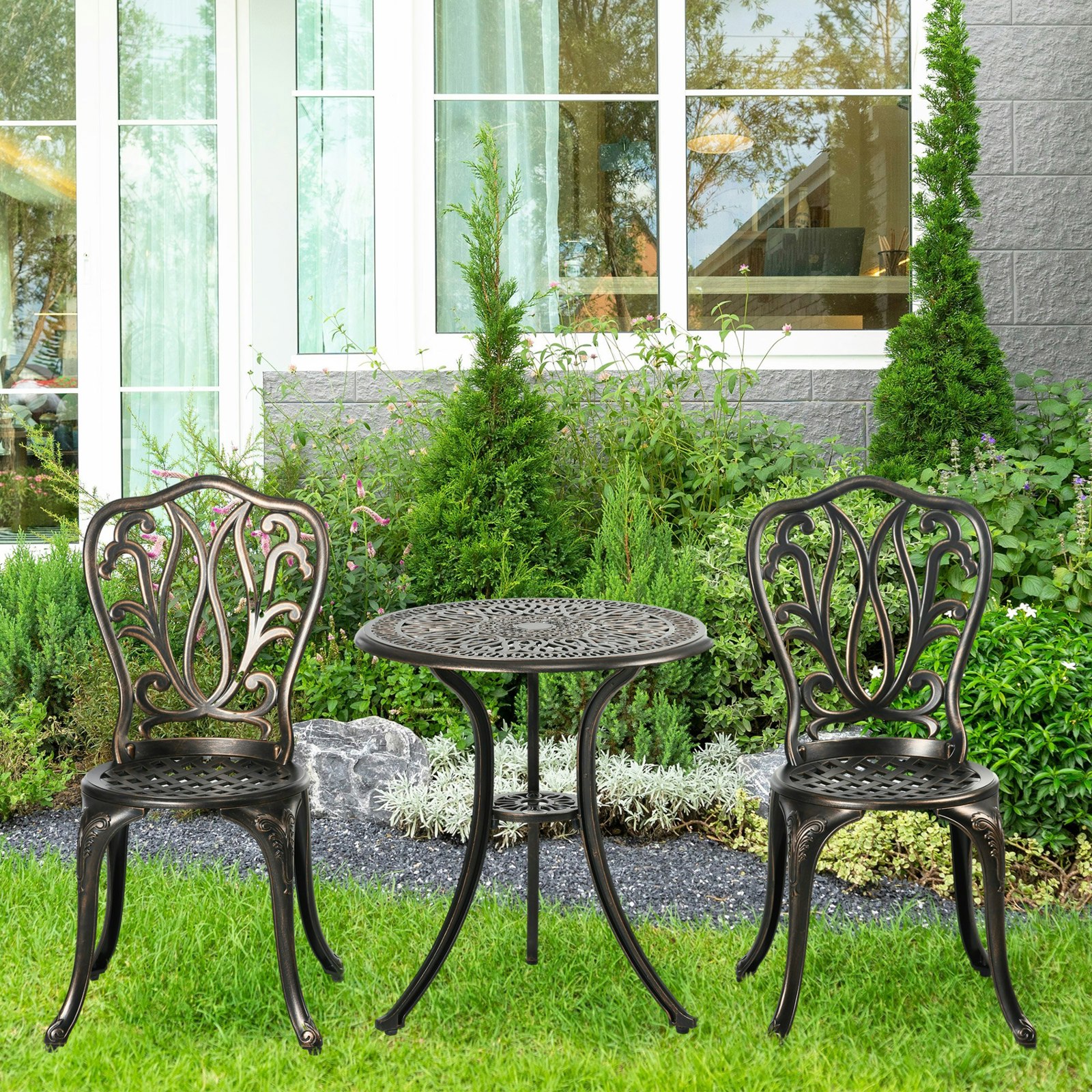 Rackhams Black/Bronze 3 Piece Patio Bistro Set Outdoor Table Set With Umbrella Hole - Tone - Aluminium - 44W X 49D X 88Hcm