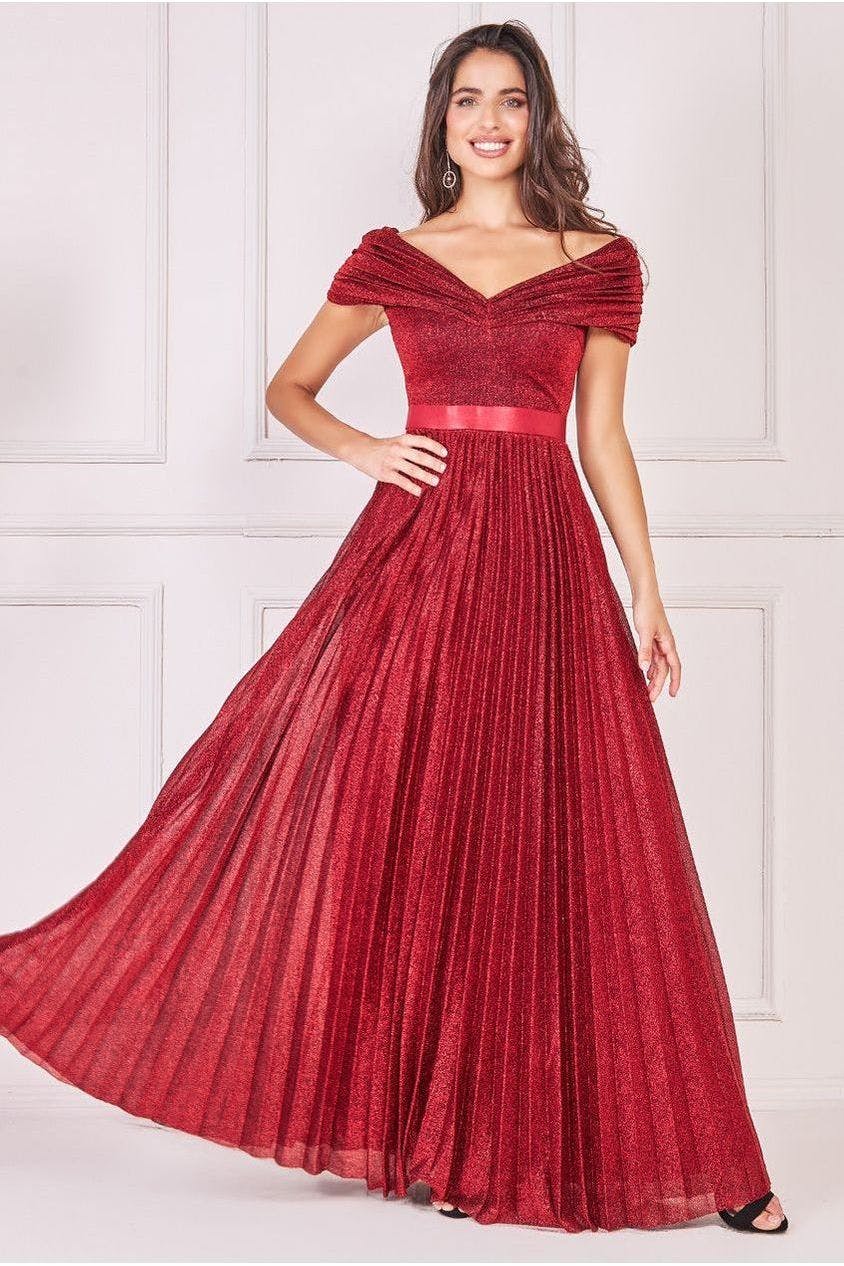 Goddiva Black Bardot Pleated Skirt Maxi Dress - Wine By - Wine - 8