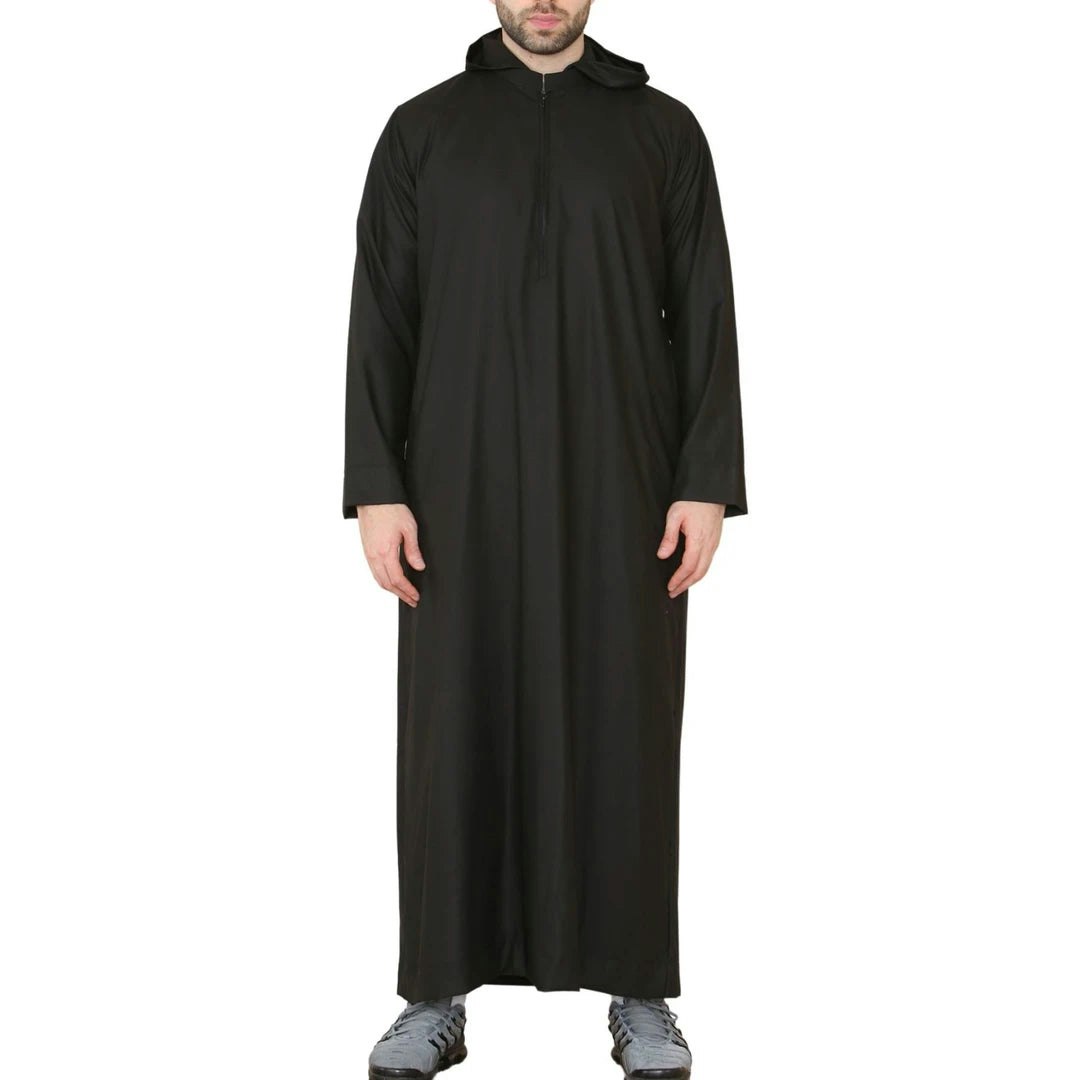 Thobez Men's Black Hooded Thobe Nehru Collar Islamic Clothing Muslim Kaftan Robe Saudi - Large - Regular