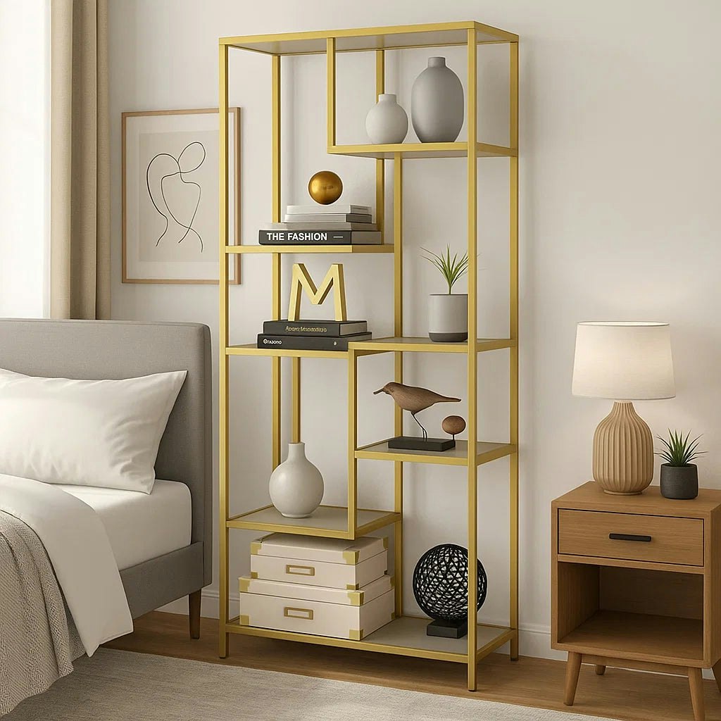 Modcraft Gold 6-Tier Glass Bookshelf – Tall Display Bookcase & Plant Stand, Tempered Glass Shelves,