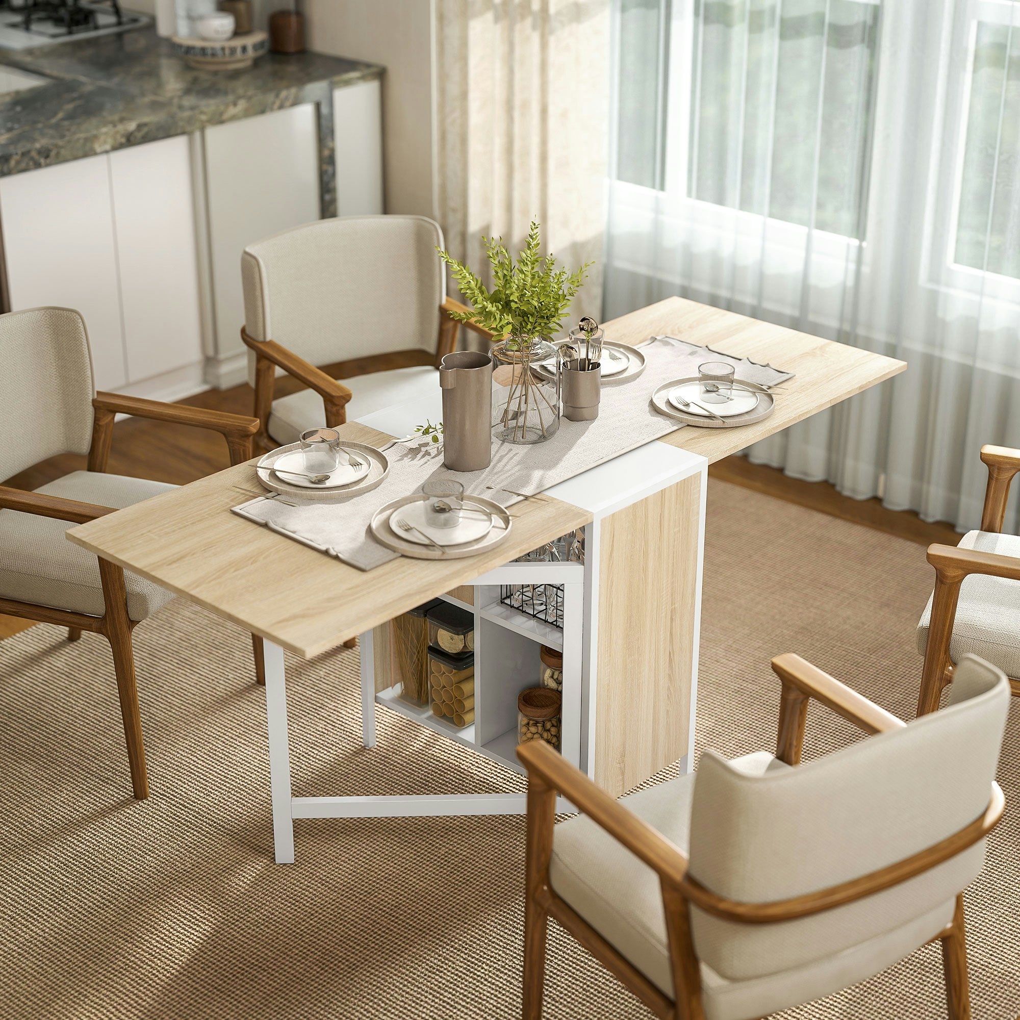 Rackhams White Folding Table With Storage Shelves Oak,