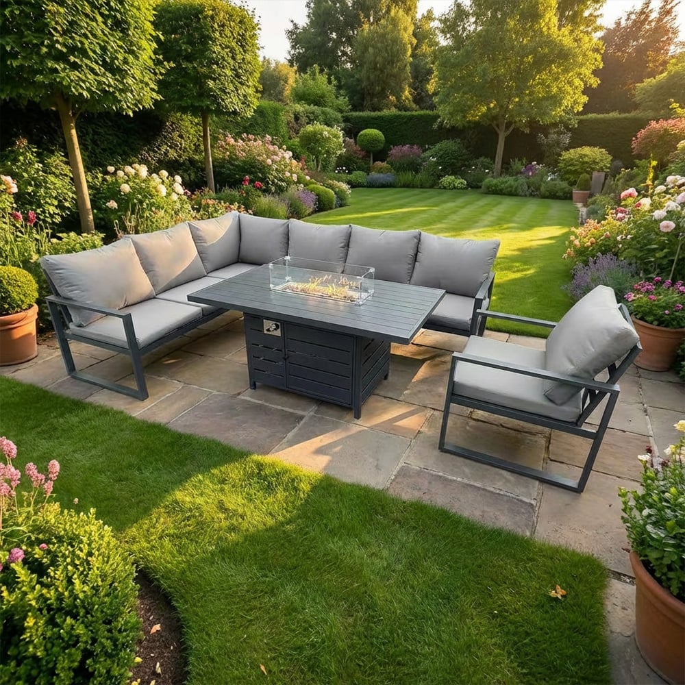 Rackhams Dark/Grey 7 Seater Aluminum Garden Furniture Set With Corner Sofa, Chair & Gas Fire Pit Dining Table