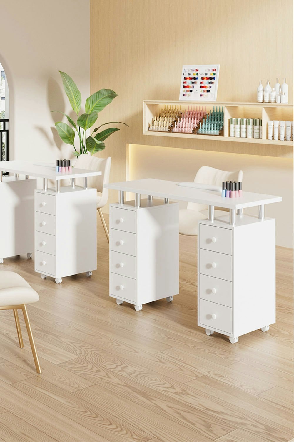 Living And Home White Fashion Makeup Desk Dresser Manicure Table Nail Desk With Rolling Wheels For Spa Beauty Salon & Home
