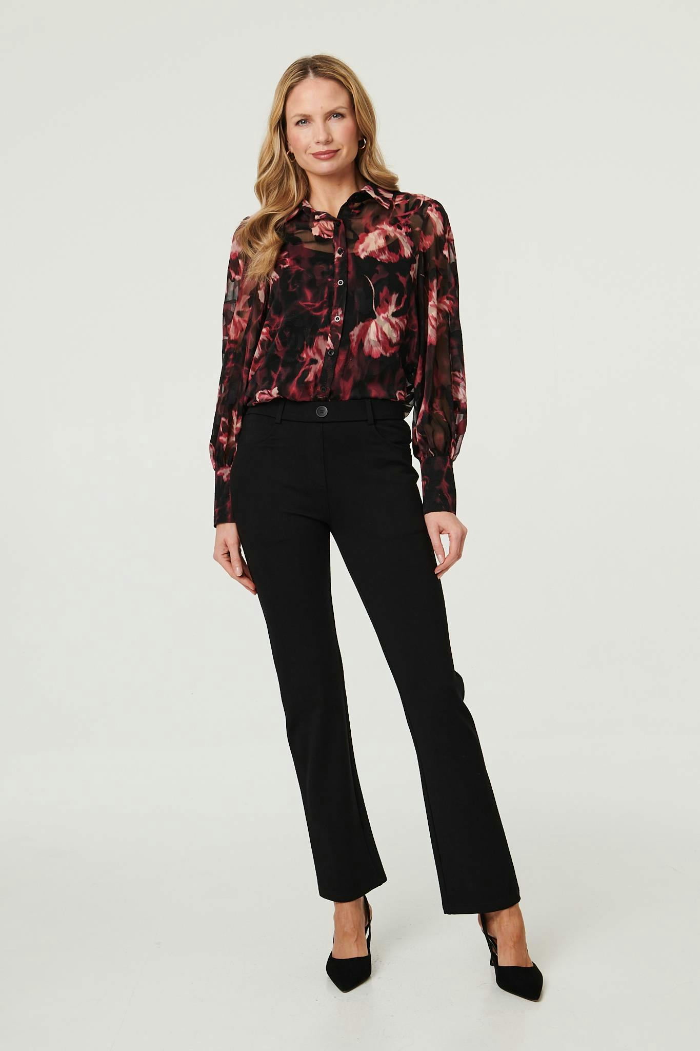 Izabel London Black High Waist Slim Flare Smart Trousers - 18