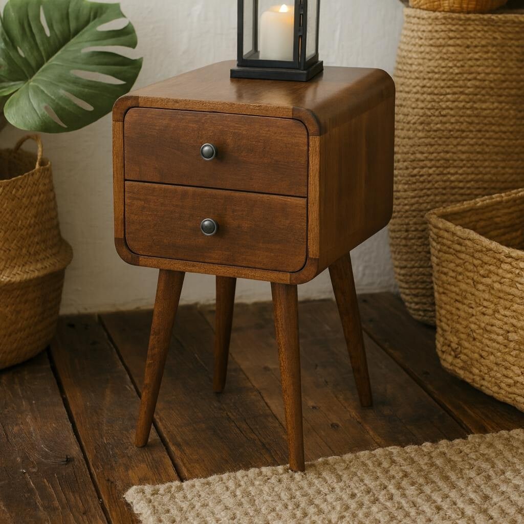 Wyld Haus Venzone Mini Chestnut Mango Wood Curved Bedside Table 2 Drawers