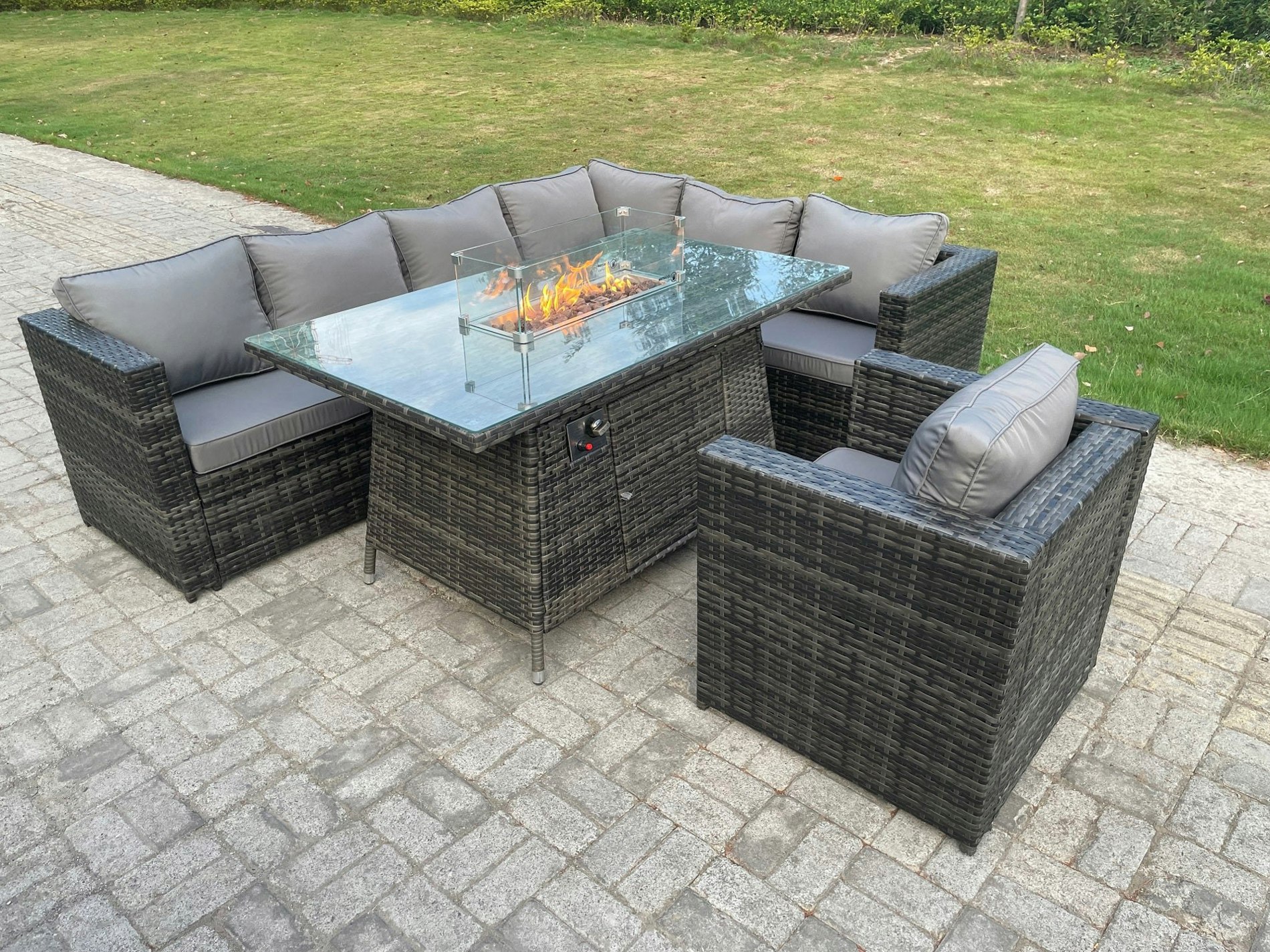 Fimous Dark/Grey Outdoor Rattan Garden Corner Furniture Gas Fire Pit Dining Table Gas Heater Sets Lounge Chair 7 Seater